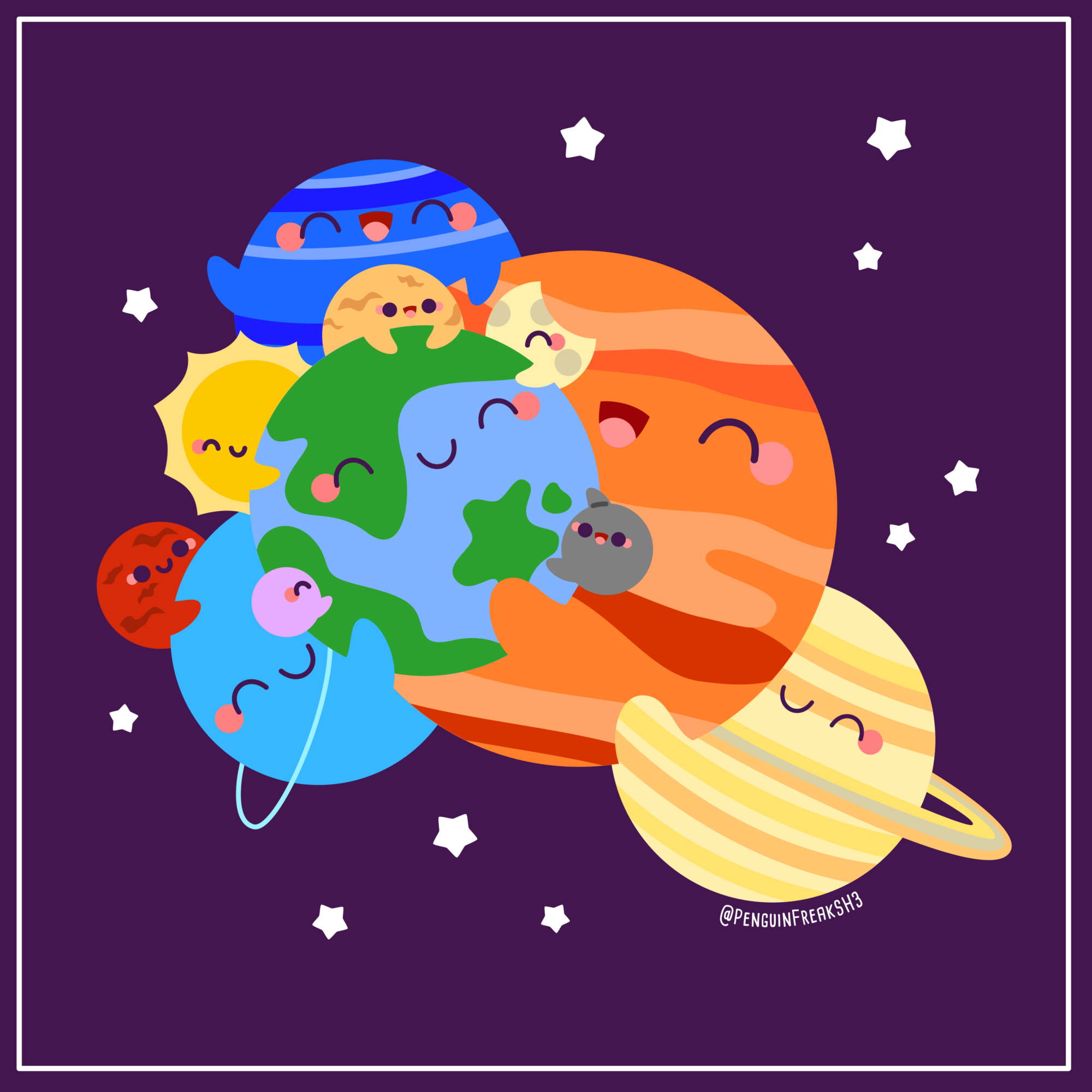 Cartoon planets and moons with smiling faces in space, surrounded by stars, in bright colors and playful design.
