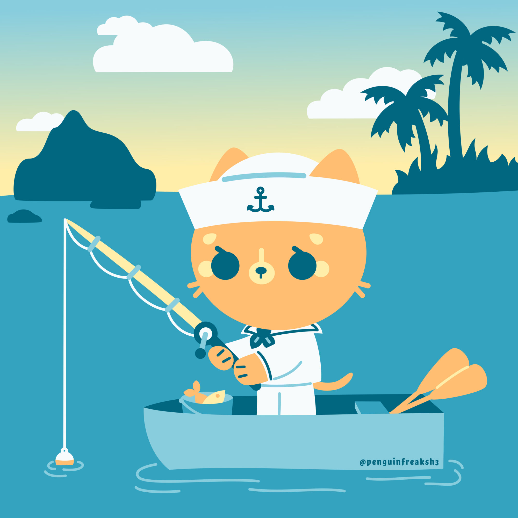 A cute animal dressed as a sailor fishing from a boat on water with trees and clouds in background.