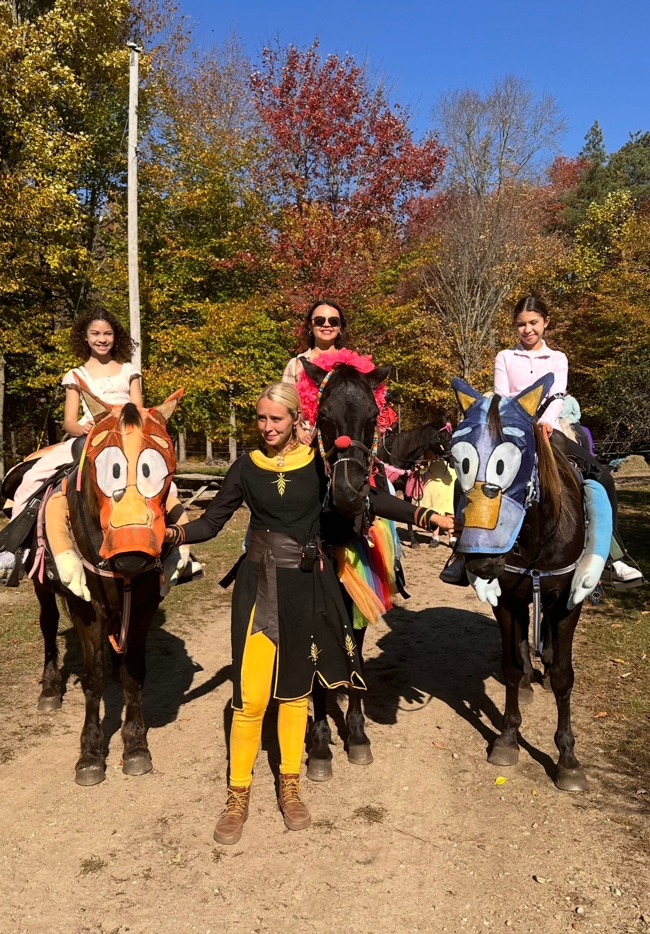 Four people on horseback with colorful horse costumes, standing outdoors with trees and blue sky in background.