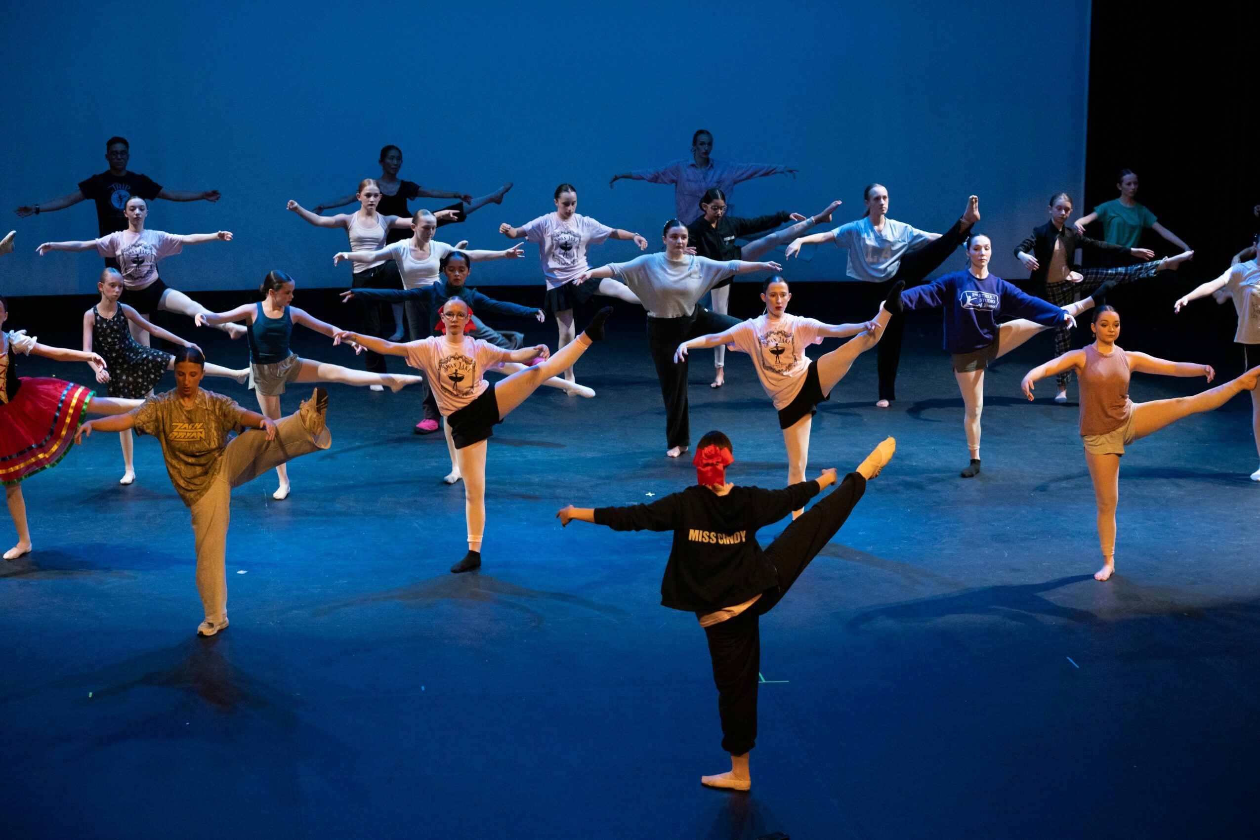 Group of ballet dancers on stage performing a synchronized routine, with one dancer in front executing a high kick, all in costumes.