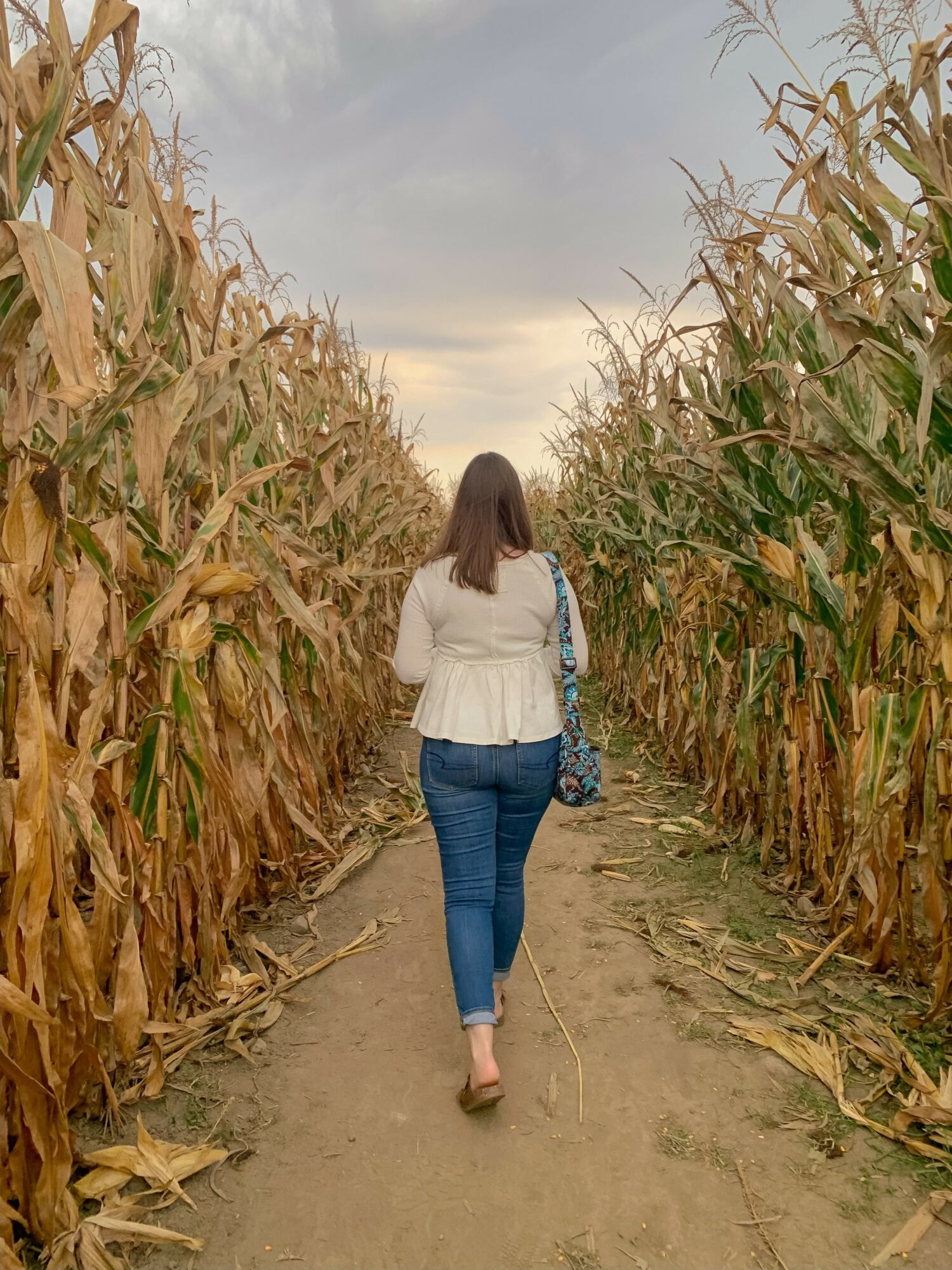Woman walking down a dirt path between tall, dry corn stalks under a cloudy sky, carrying a bag on her shoulder.