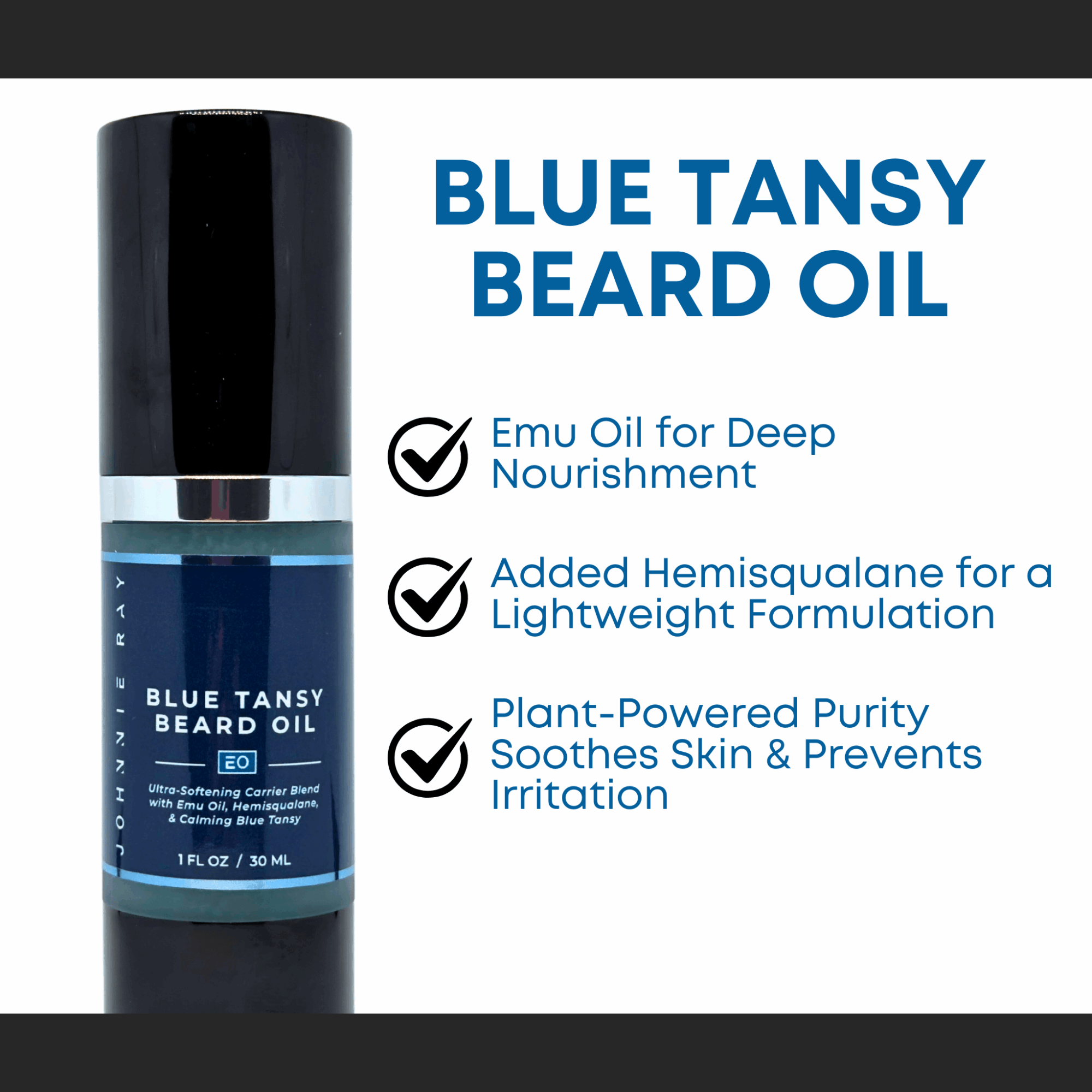 Blue Tansy Beard Oil bottle with product details and benefits listed beside it.
