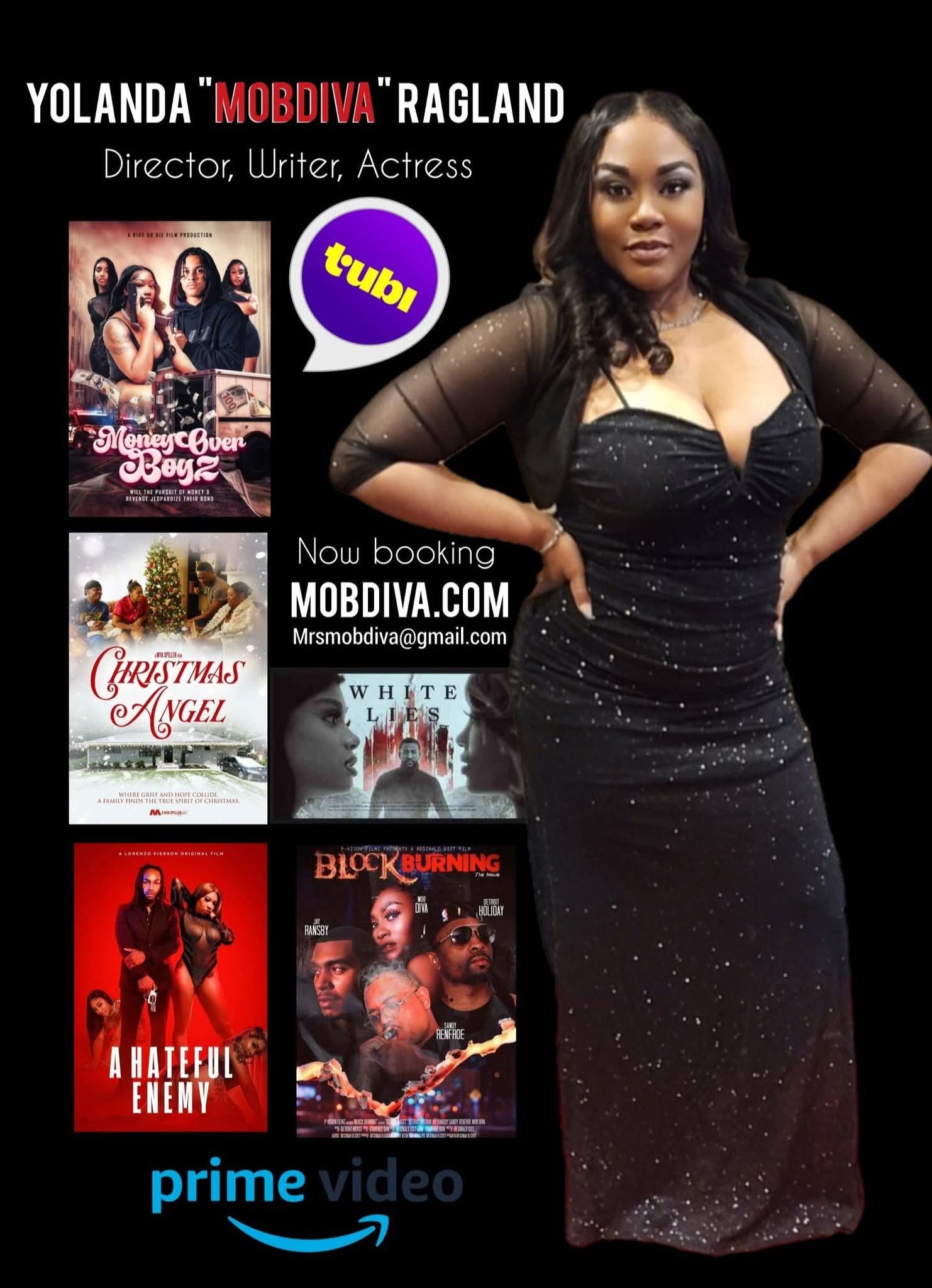 Promotional poster featuring Yolanda 'MOBIDIVA' Ragland in a black dress, with movie posters and streaming logos, including Prime Video.