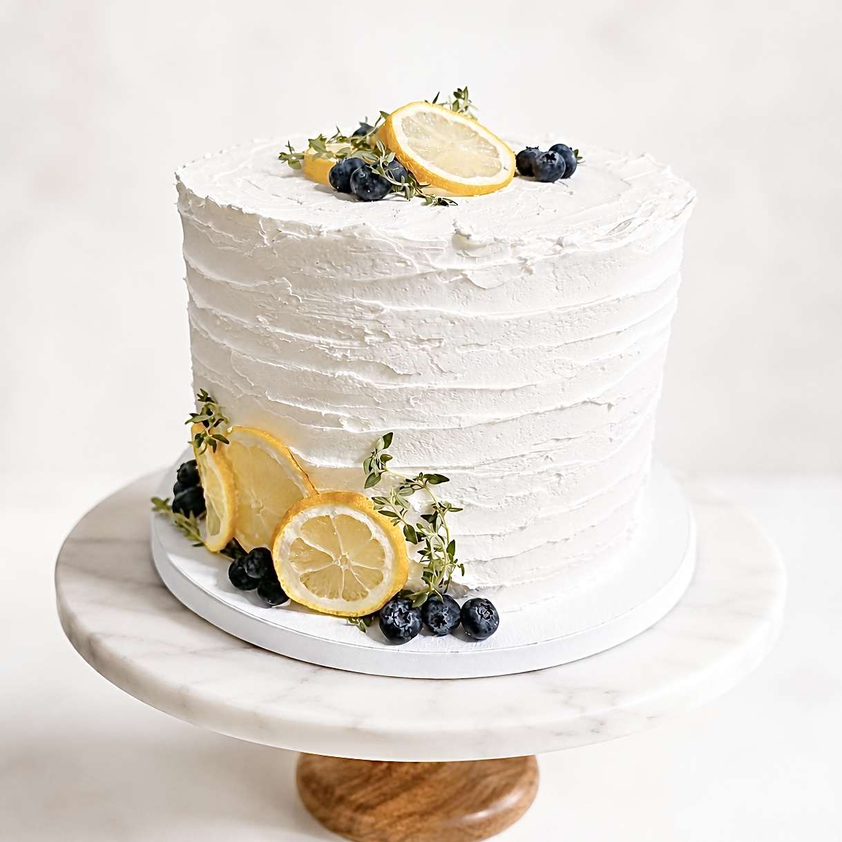White frosted cake decorated with lemon slices, blueberries, and green herbs on a marble cake stand.