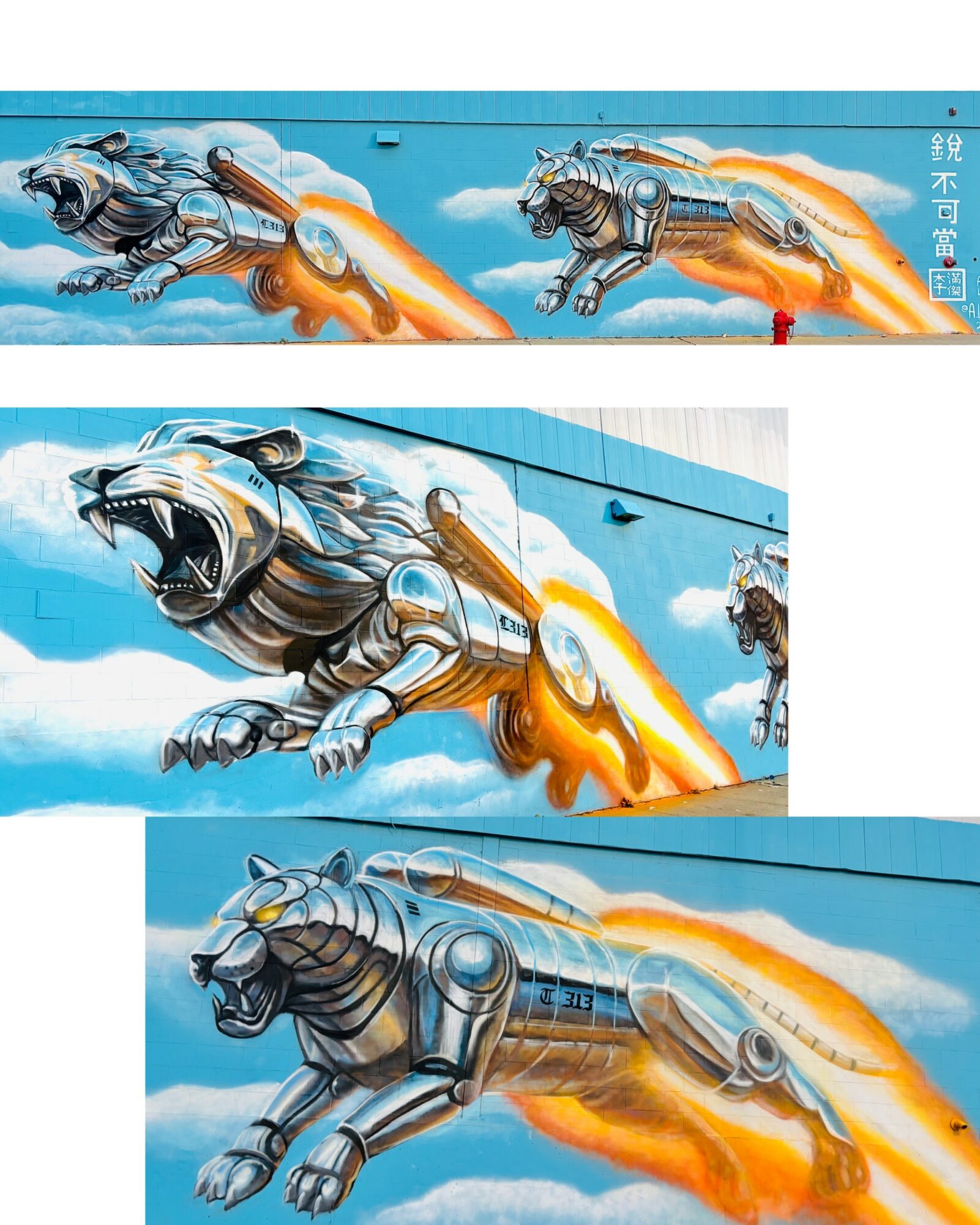 Three robotic tiger illustrations with fiery backgrounds, depicted in a dynamic, action-oriented style on a blue background.