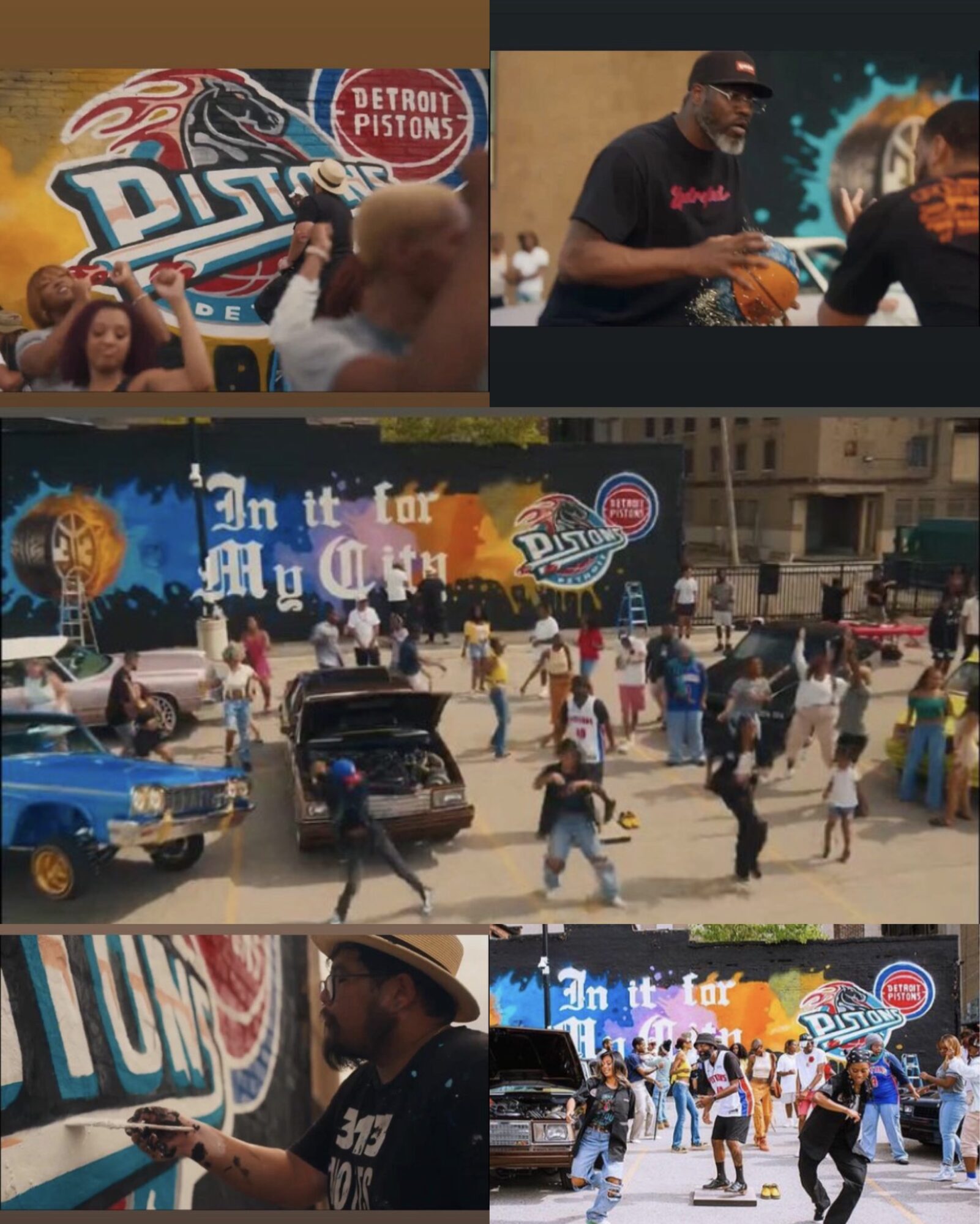People gather at a Detroit Pistons event with banners, cars, and a large crowd outdoors, some taking photos and watching activities.