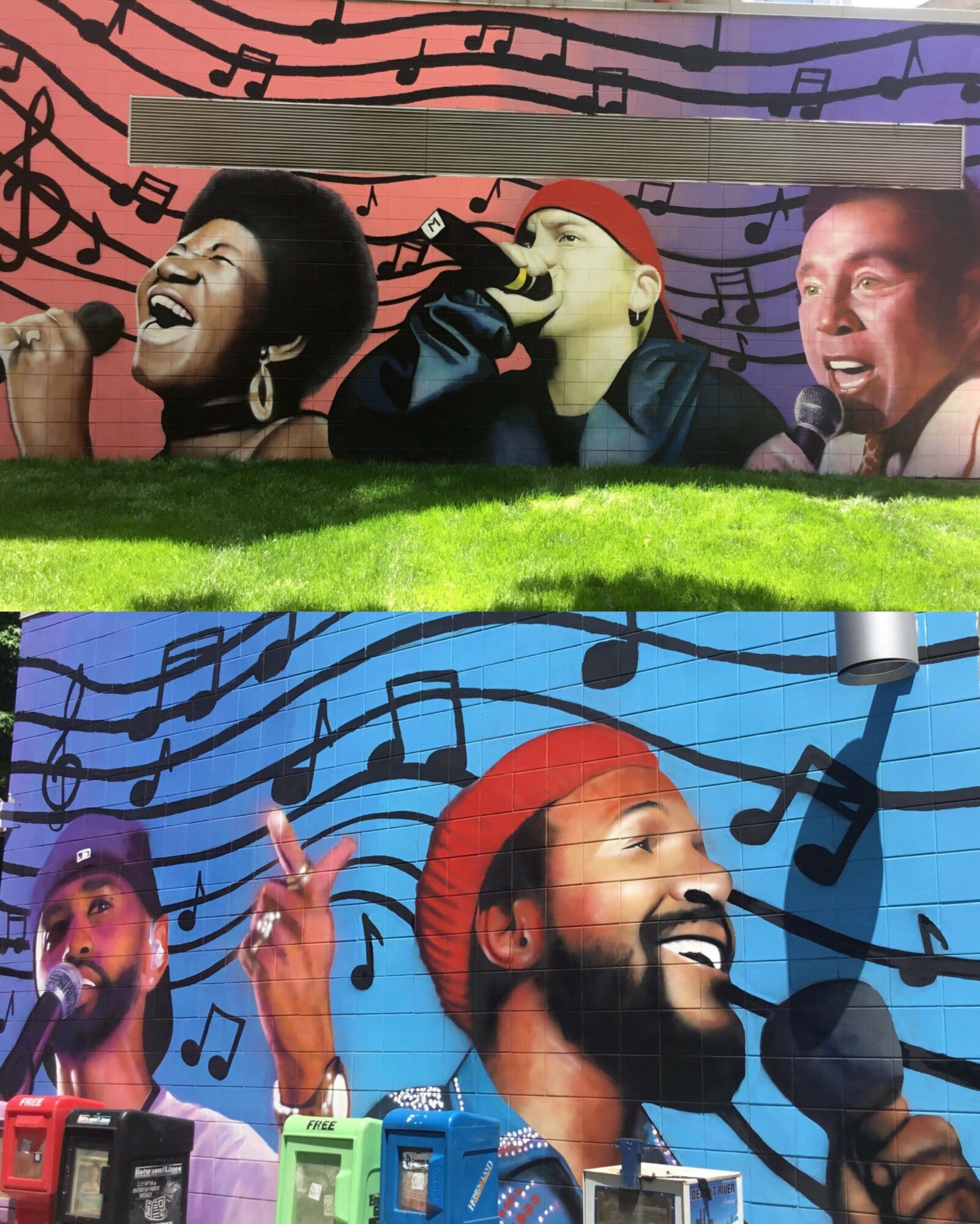 Colorful mural of four singers with musical notes background, two with microphones, one with a red hat, smiling and singing.