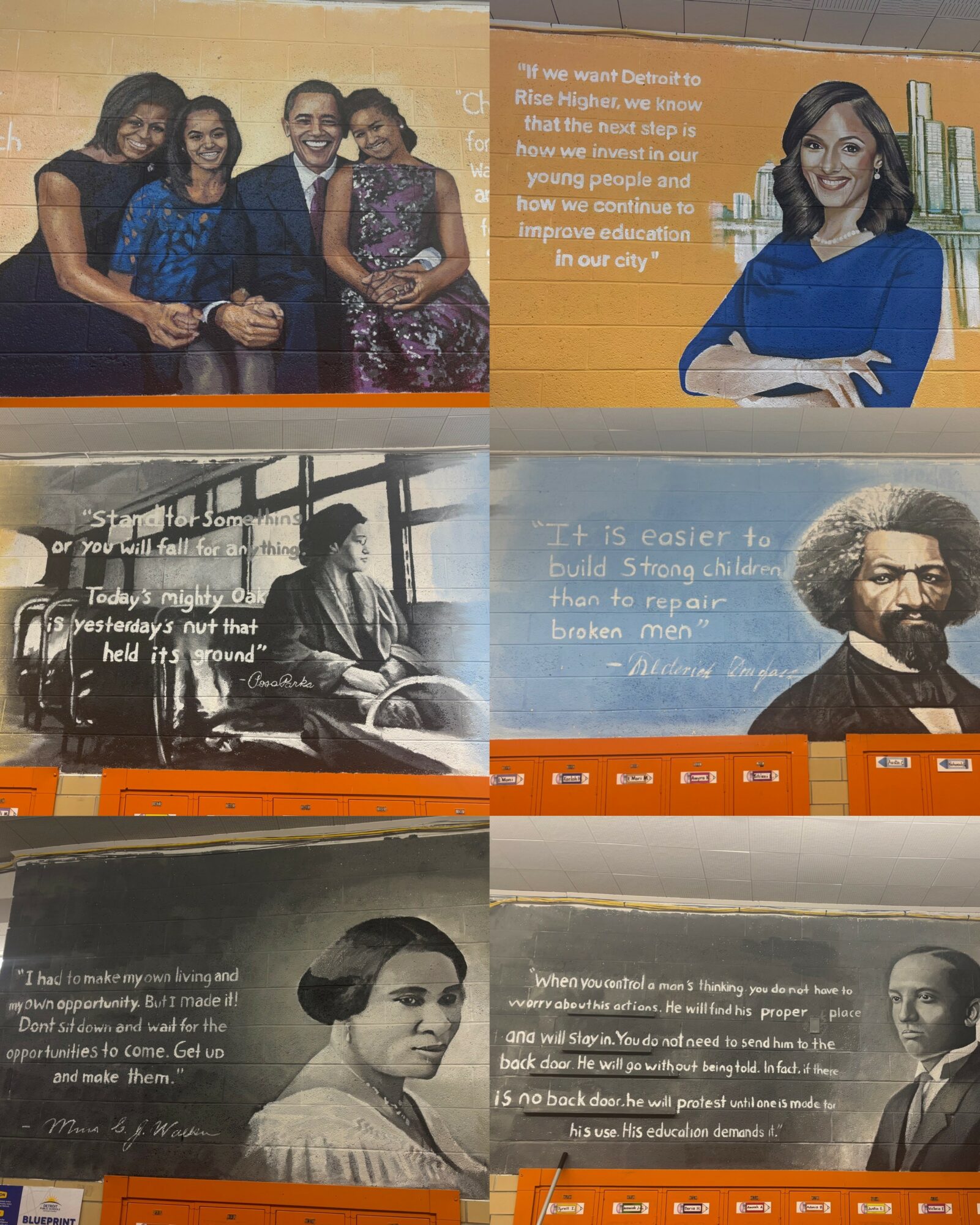 Six people sitting together, smiling, with a woman in a blue dress on the right. Text and images of a woman and a man are also visible.