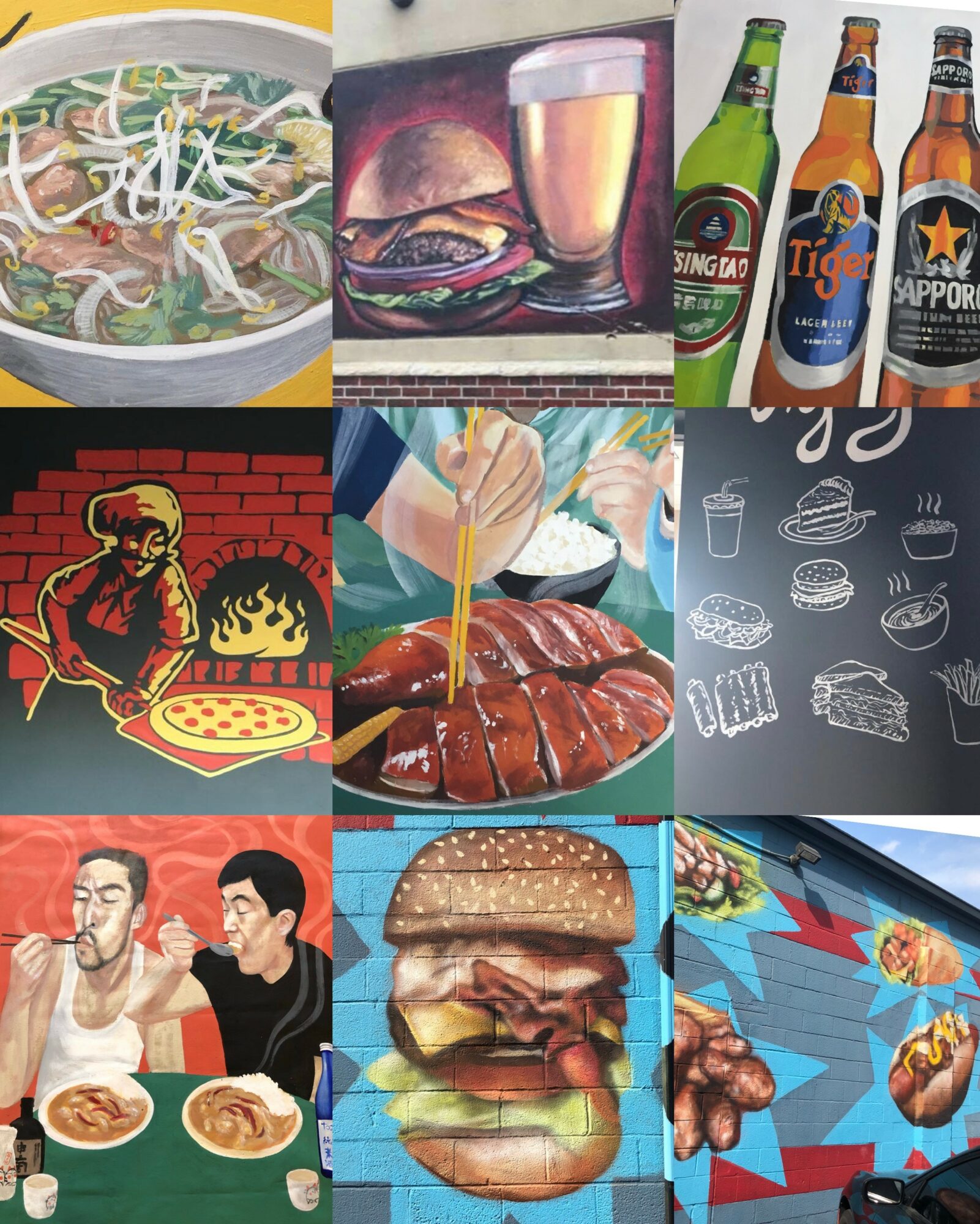 Collage of food and drink images including a bowl of noodles, burger and beer, pizza, barbecue, burger, fried chicken, and two people eating.