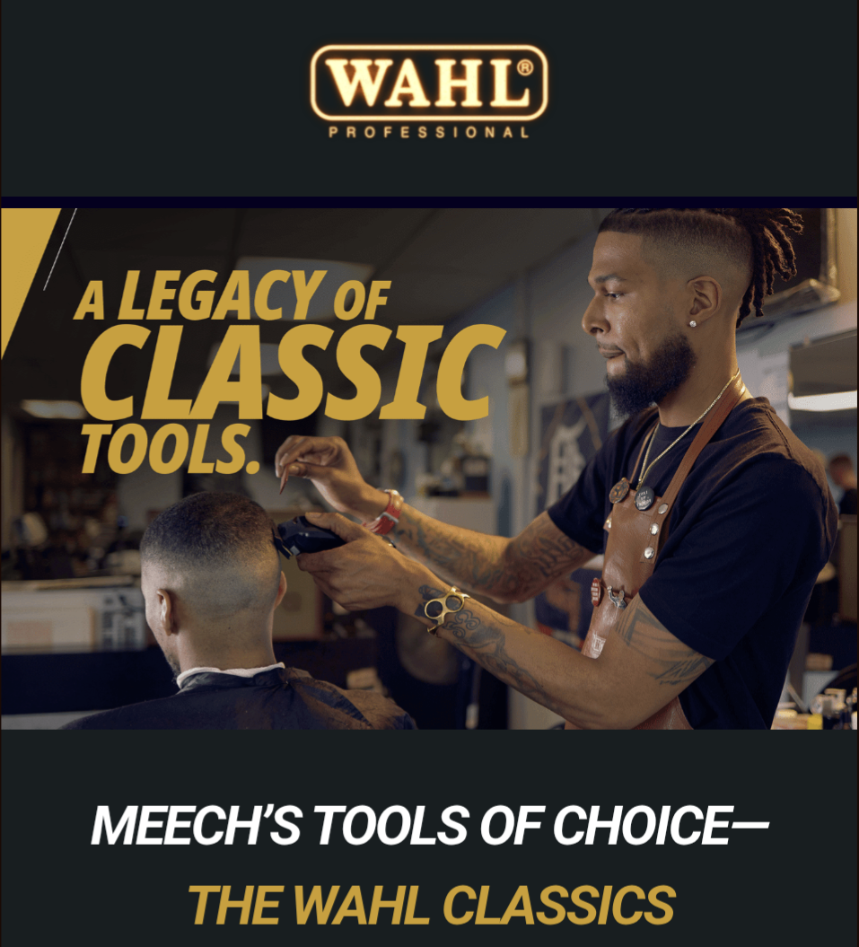 Barber using Wahl clippers on a customer's hair in a barbershop, with text about Wahl's classic tools.