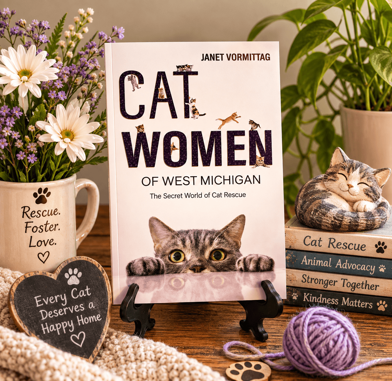 Book titled 'Cat Women of West Michigan' surrounded by flowers, a sleeping cat, and various decorative items.