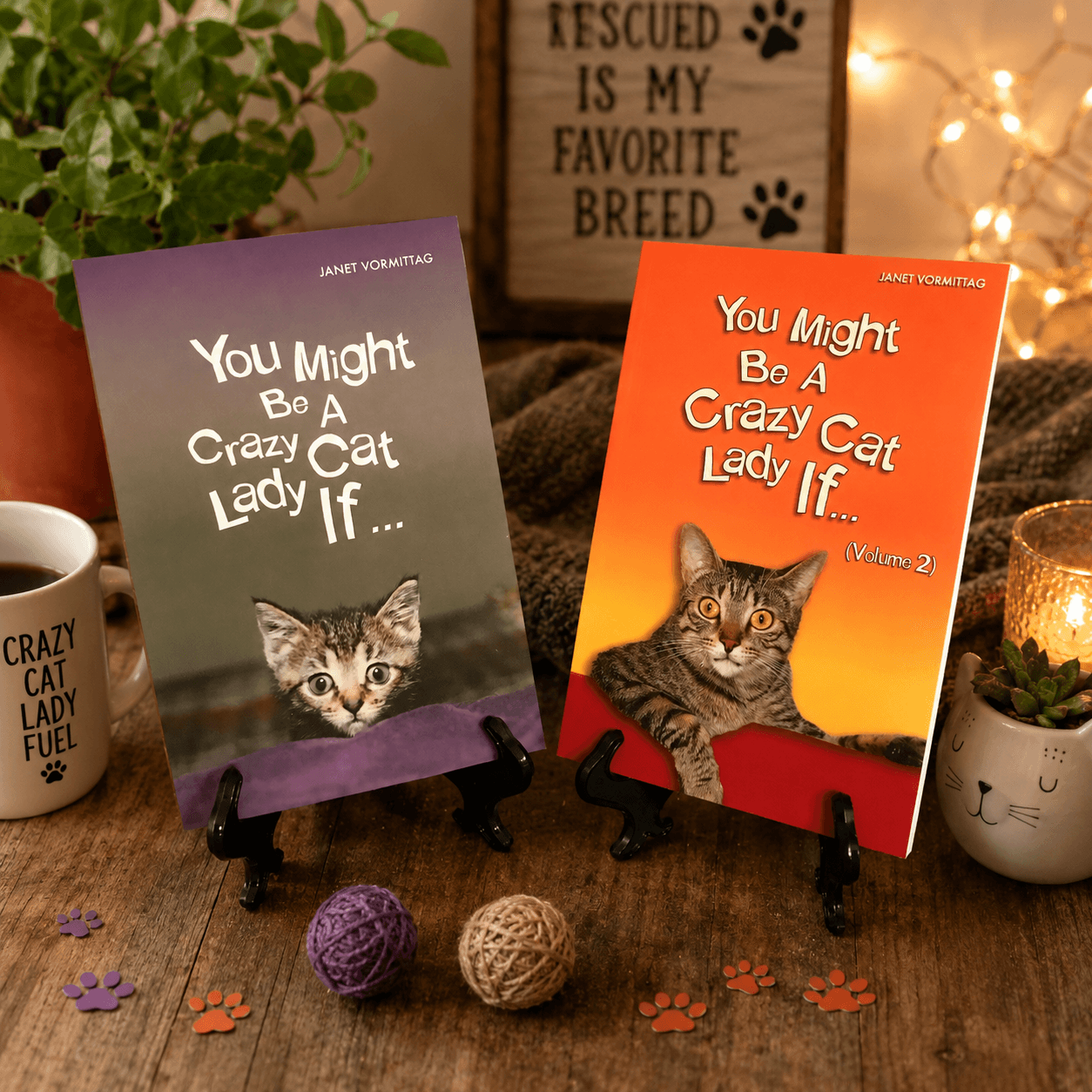 Two books with cat images and humorous titles on a table, surrounded by decorative items and string lights.