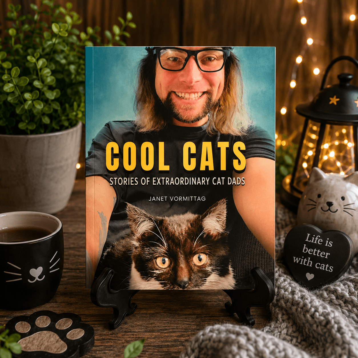 Book cover titled 'Cool Cats' featuring a smiling man with glasses and a black cat, on a wooden table with plants and decorative items.