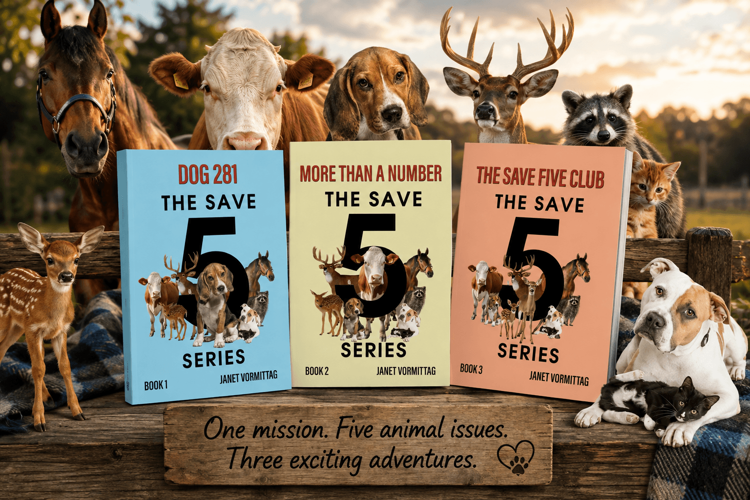 Group of dogs and horses outdoors with colorful books about the Five Animal Issues series, and a wooden sign with mission statement.