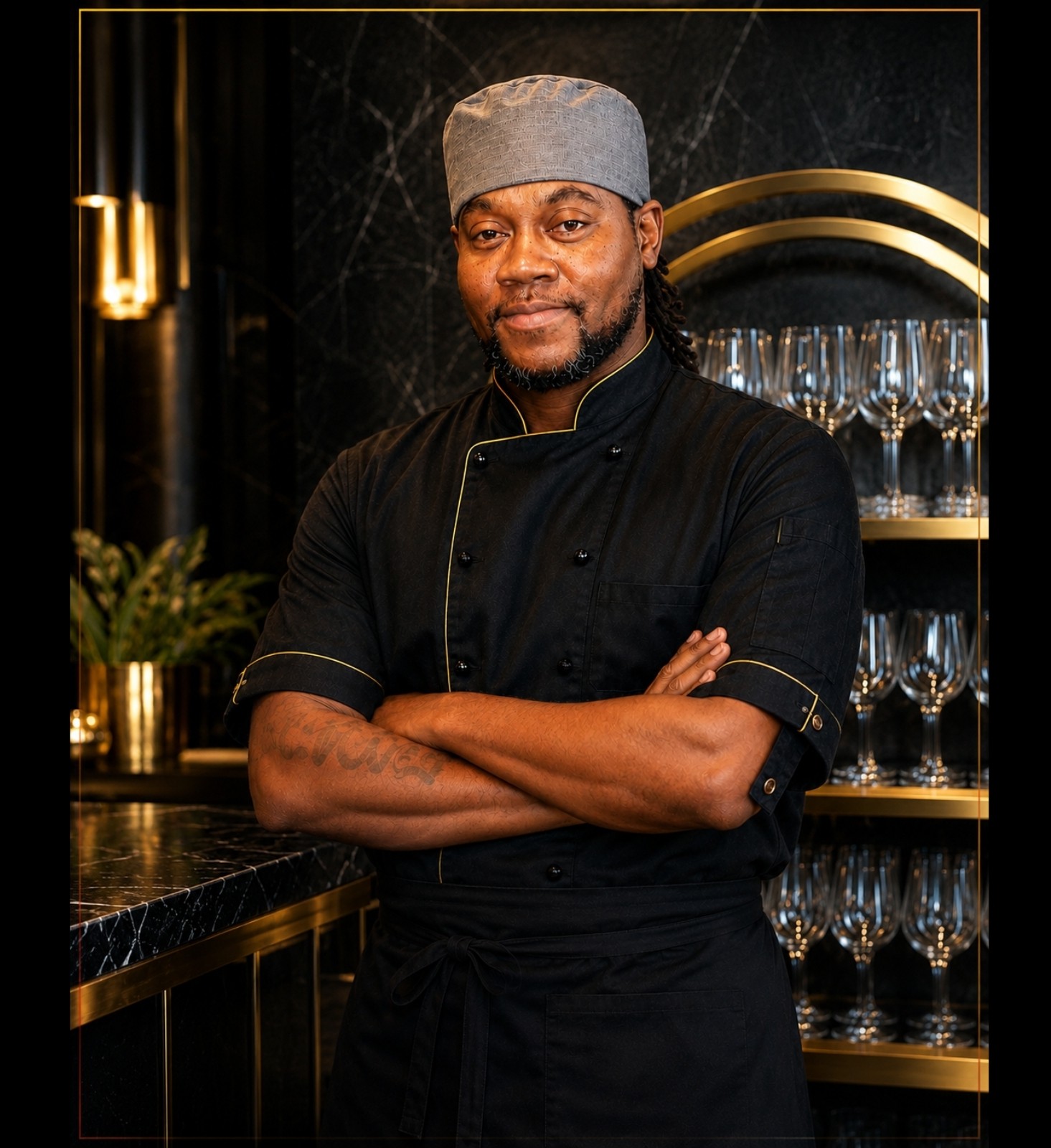 Chef in black uniform and gray hat standing with arms crossed in a restaurant kitchen, shelves with glasses behind him.