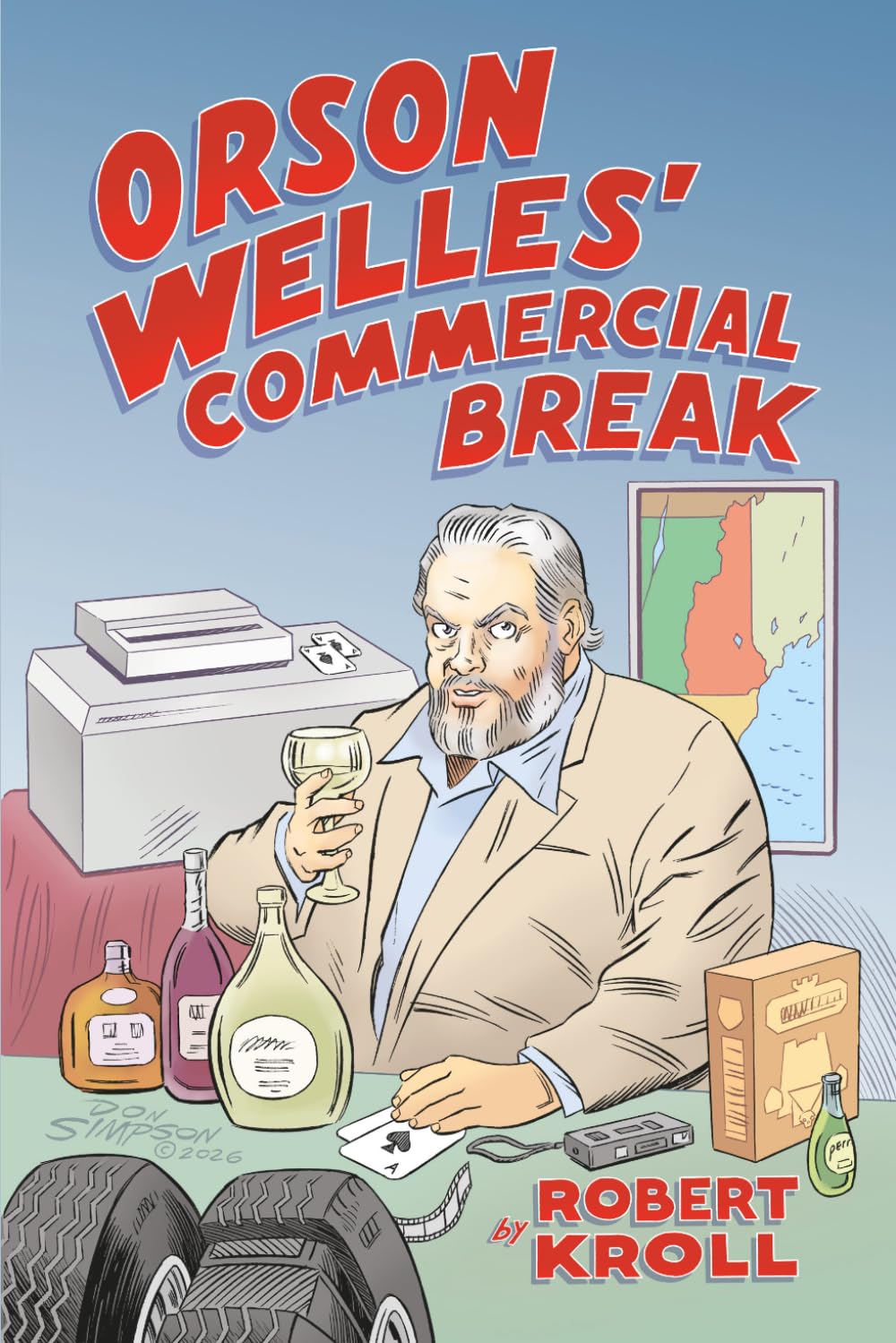 Man with gray hair and beard in beige suit holding a glass, surrounded by office supplies and bottles, with a map in background.