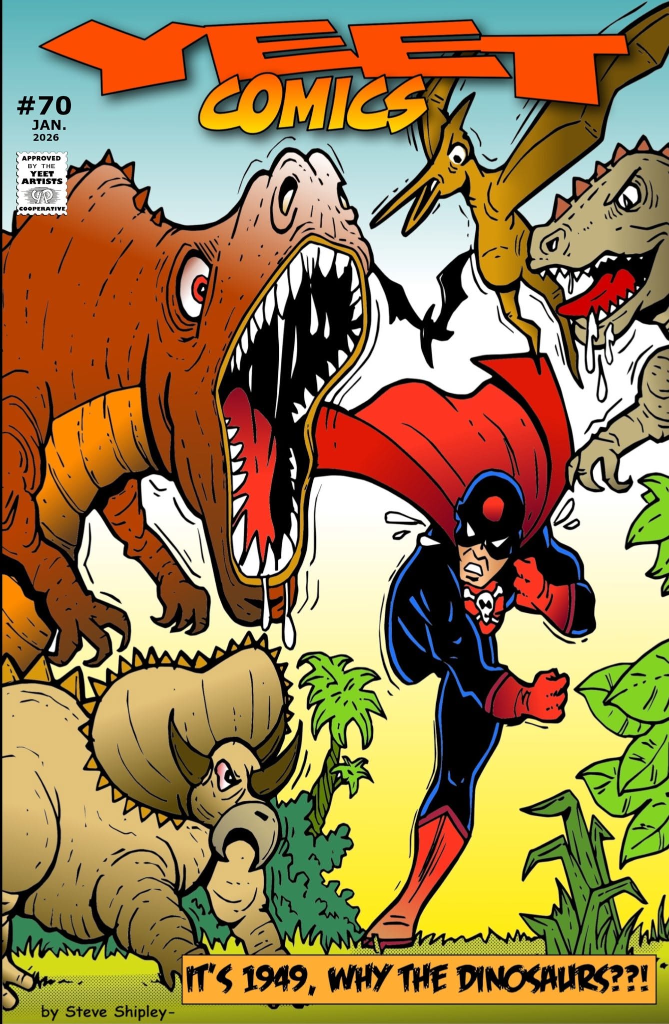 A comic book cover featuring a person in a superhero costume surrounded by various dinosaurs, including a T-Rex and pterodactyls.