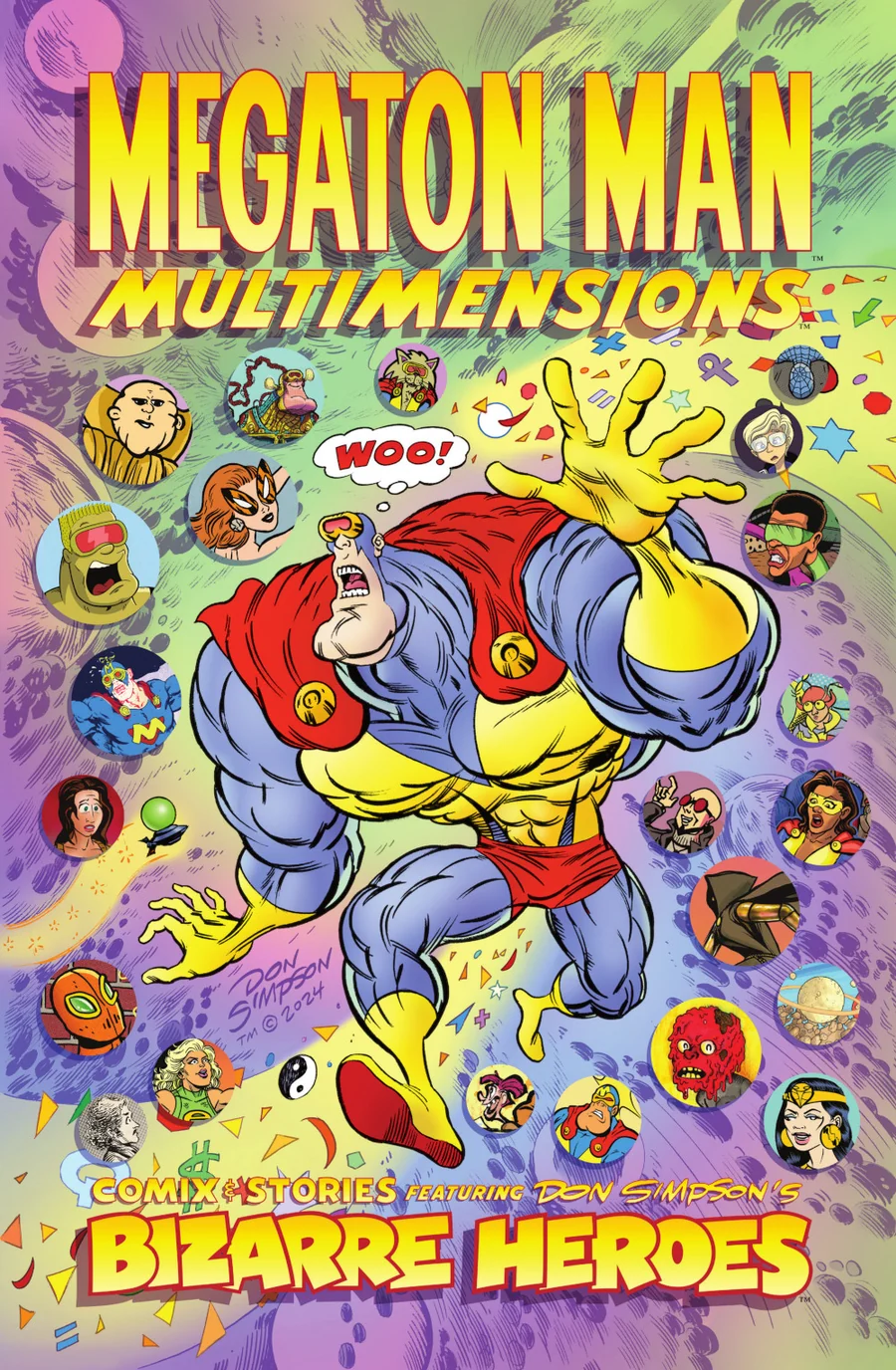 Cover of Megaton Man comic with a large muscular character in a superhero pose, surrounded by small circular images, colorful background.