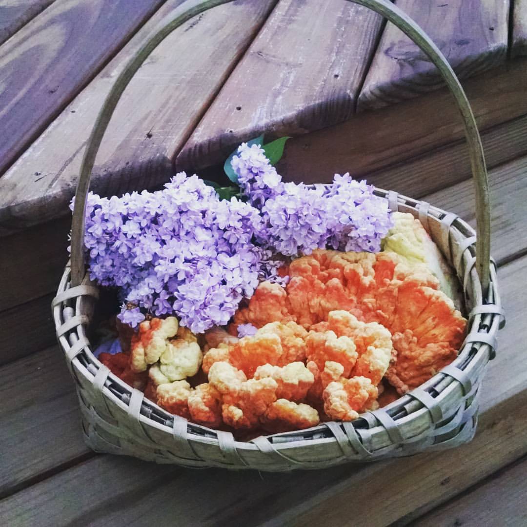 Basket with purple flowers and fried food on wooden surface