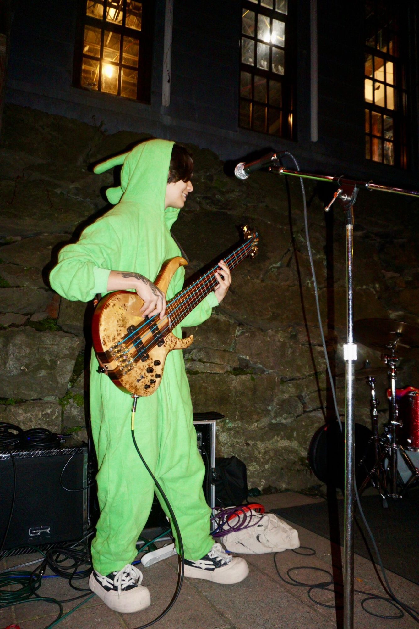 Person dressed in a green animal costume playing a bass guitar on stage with microphones and equipment, against a brick wall background.