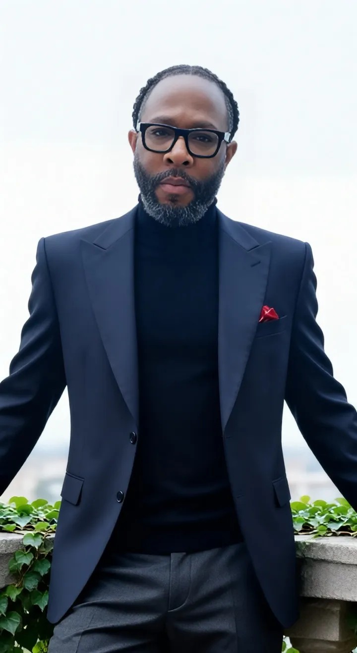 Man with glasses and beard in a dark suit and turtleneck, standing outdoors with greenery, facing forward.