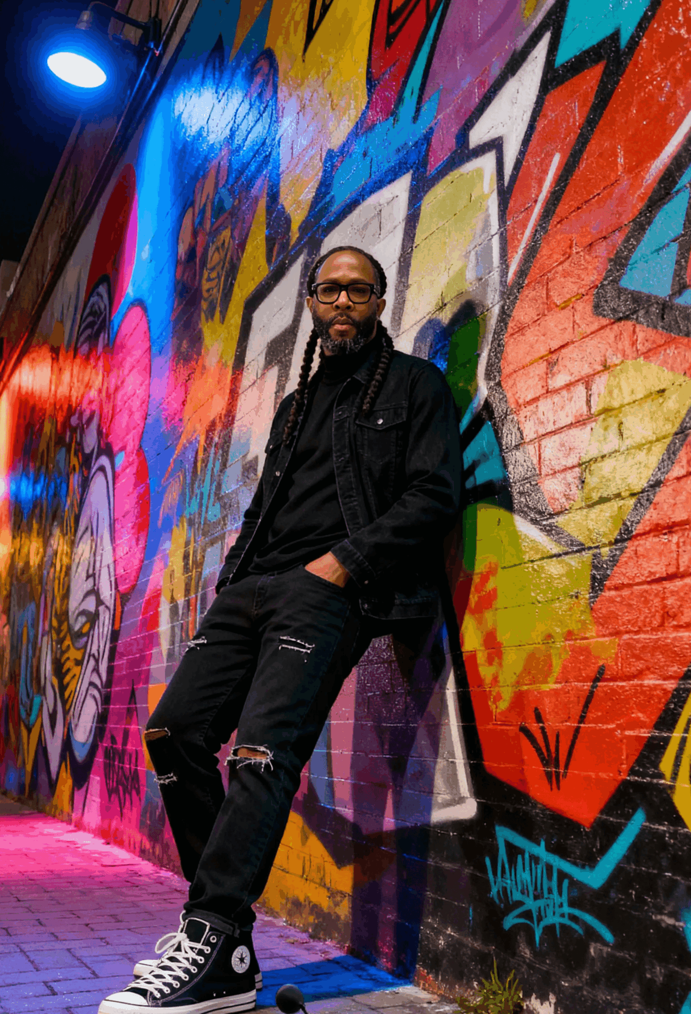 Man with glasses and beard leaning against a colorful graffiti wall, wearing black clothing and sneakers.