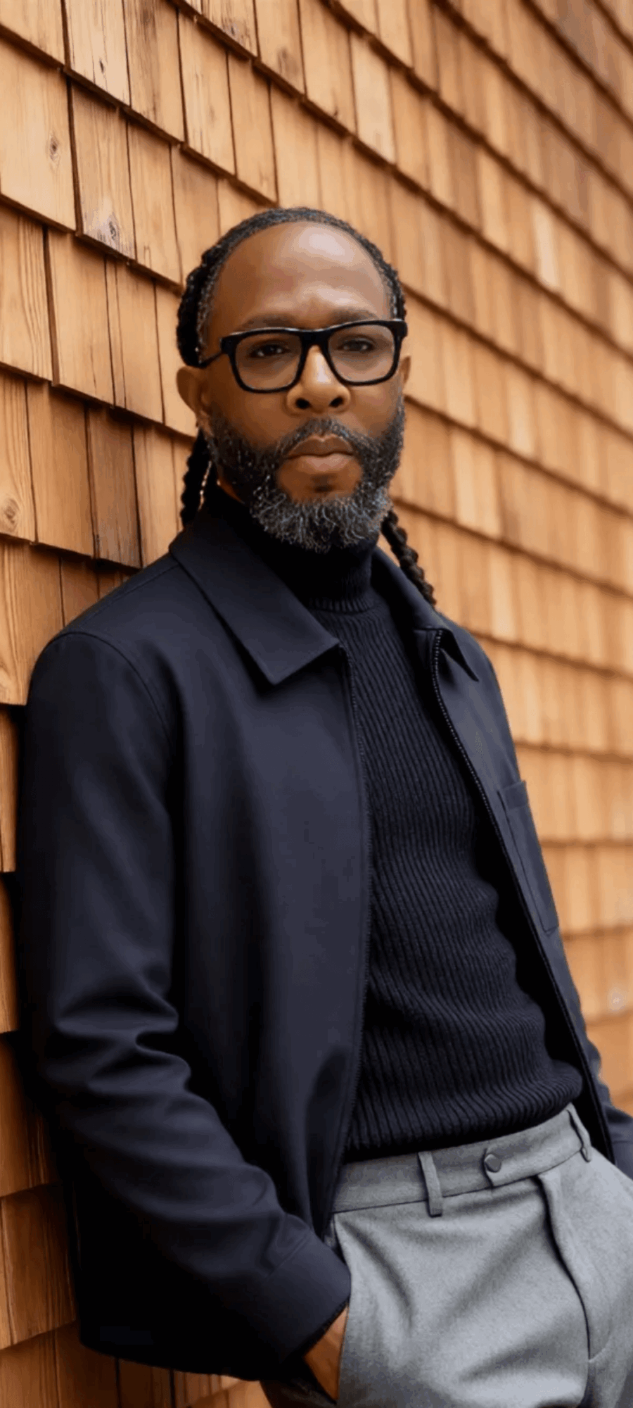 Man with glasses and beard leaning against a wooden wall, wearing a dark jacket and light pants.