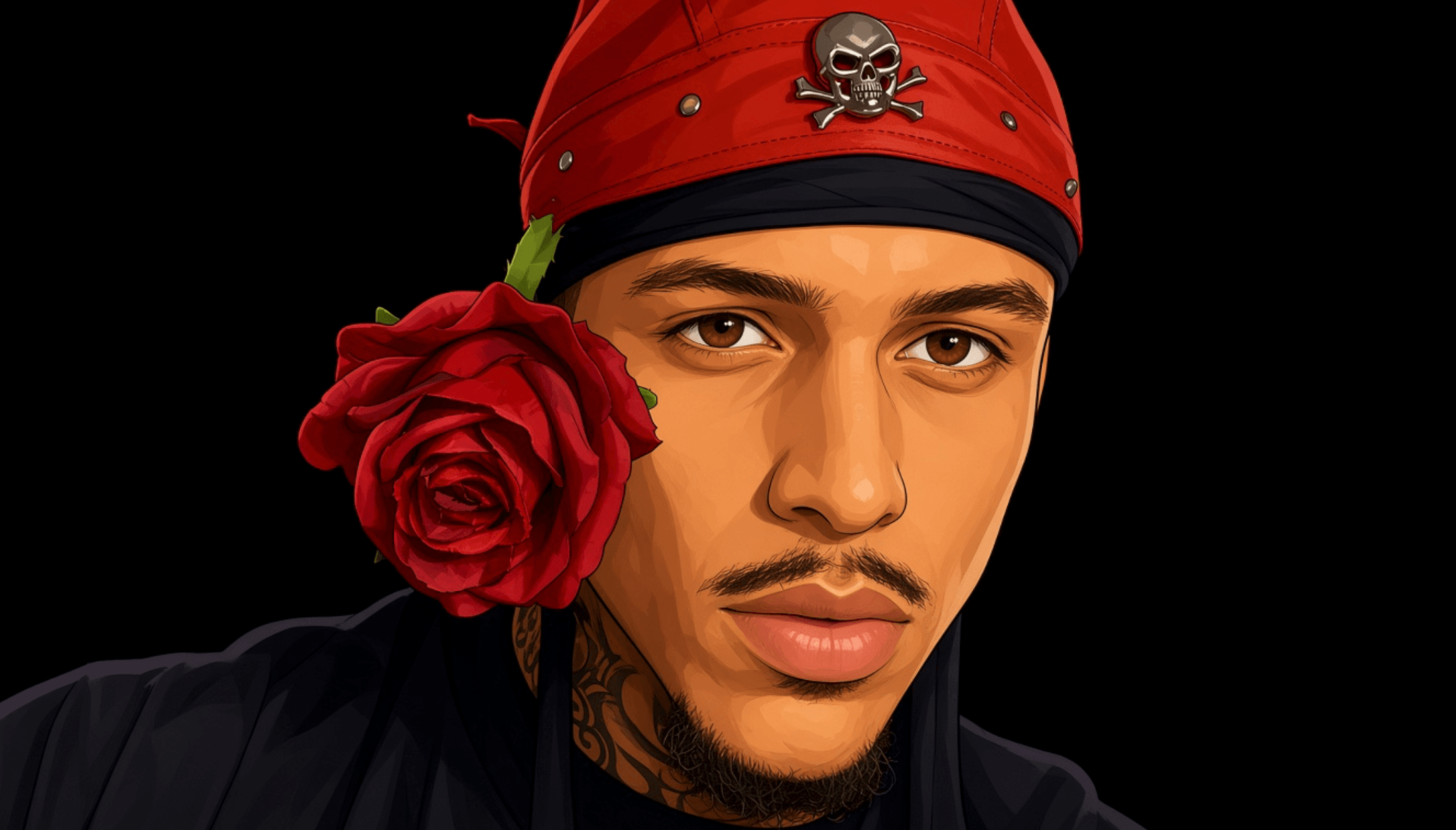 Young man with a red bandana and a red rose near his face, black background, serious expression