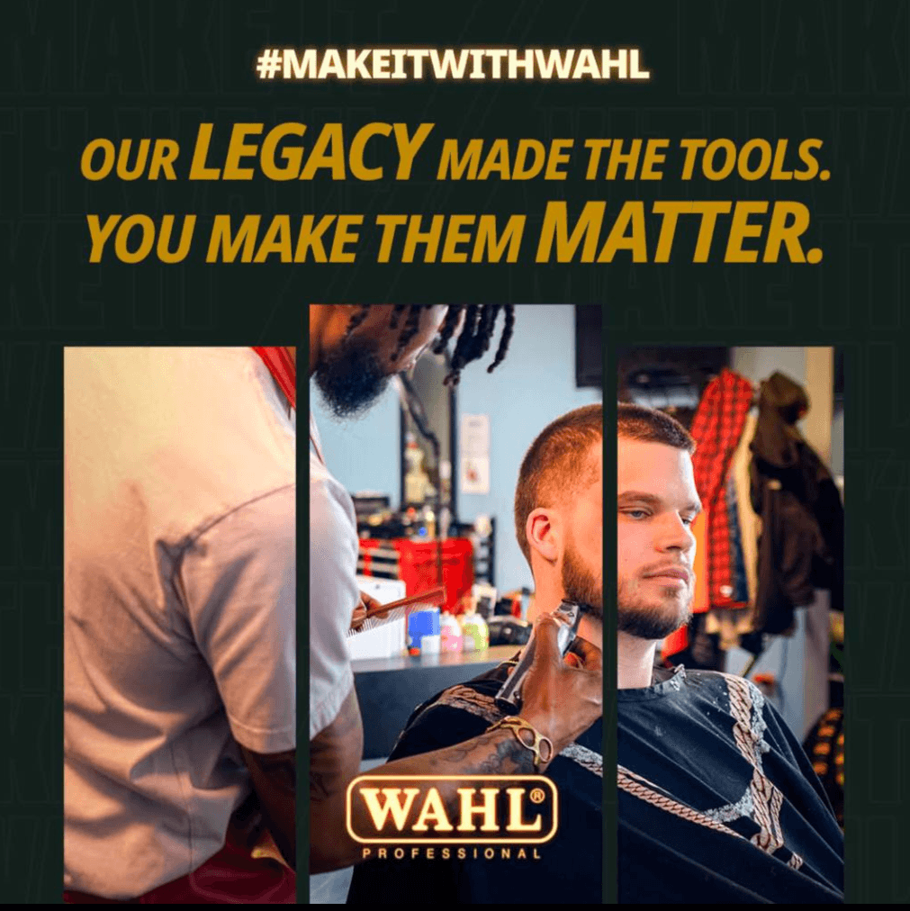 Three people in a barbershop, one getting a haircut, with text about legacy and tools, and a Wahl Professional logo.