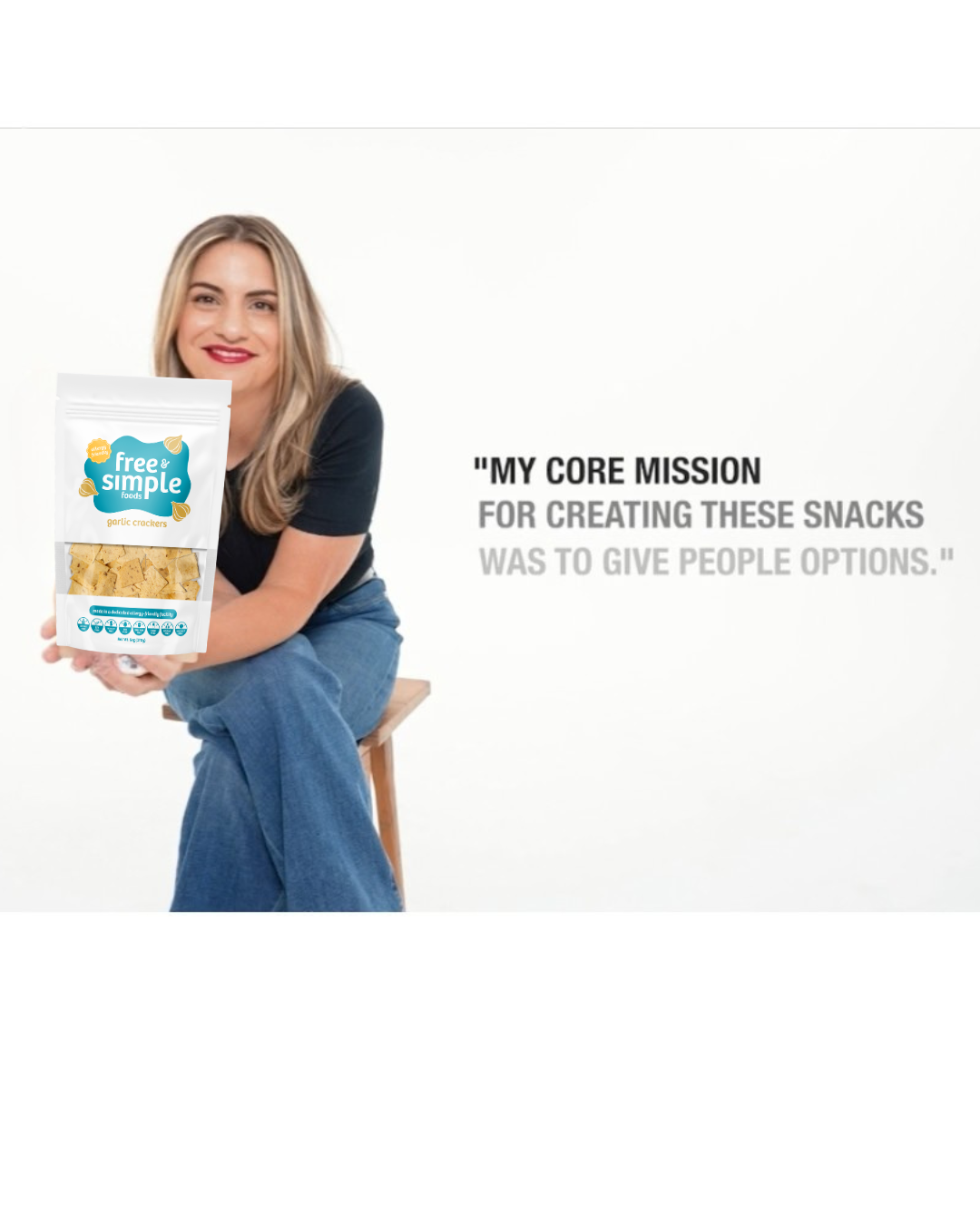 Woman holding a snack package, smiling, sitting on a stool, with text about creating snacks, on a white background.