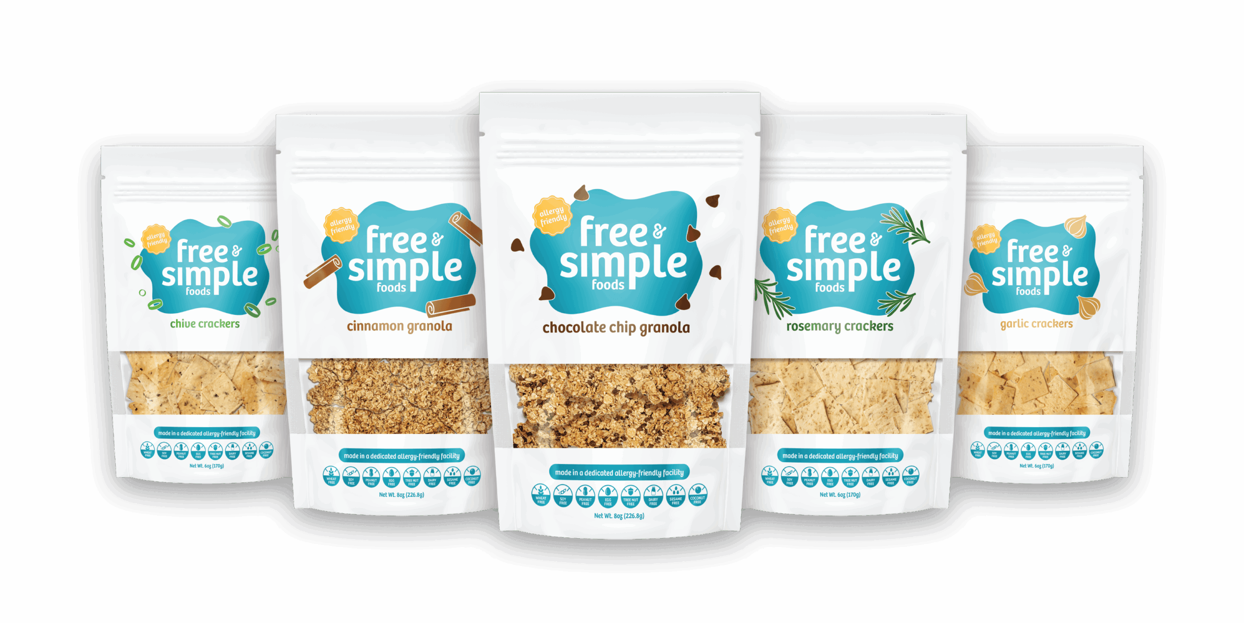 Five snack packages with blue and white labels, arranged in a row, displaying the brand 'free simple' and product images.