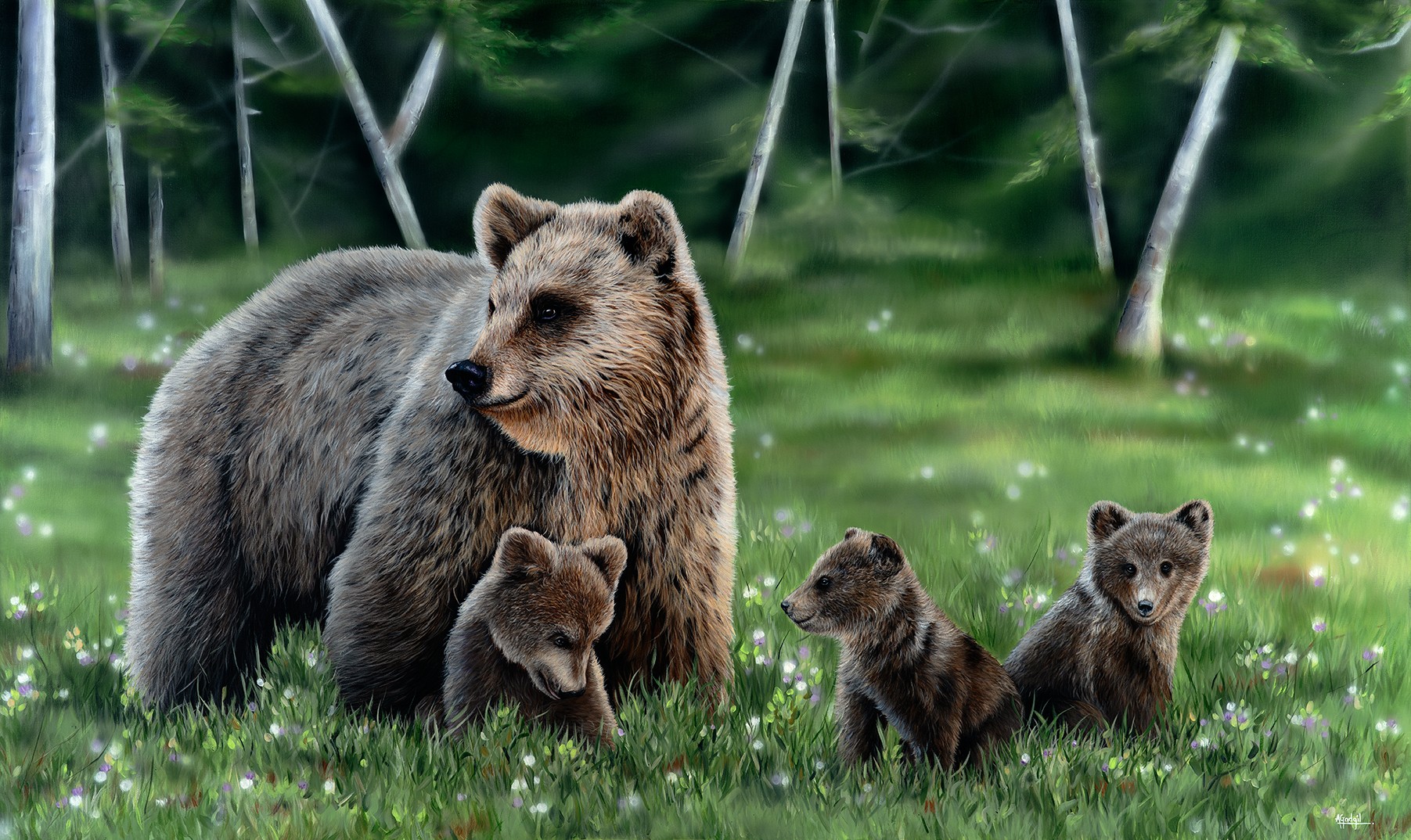 A bear with three cubs in a green forest clearing, surrounded by trees and grass, with sparkles in the background.