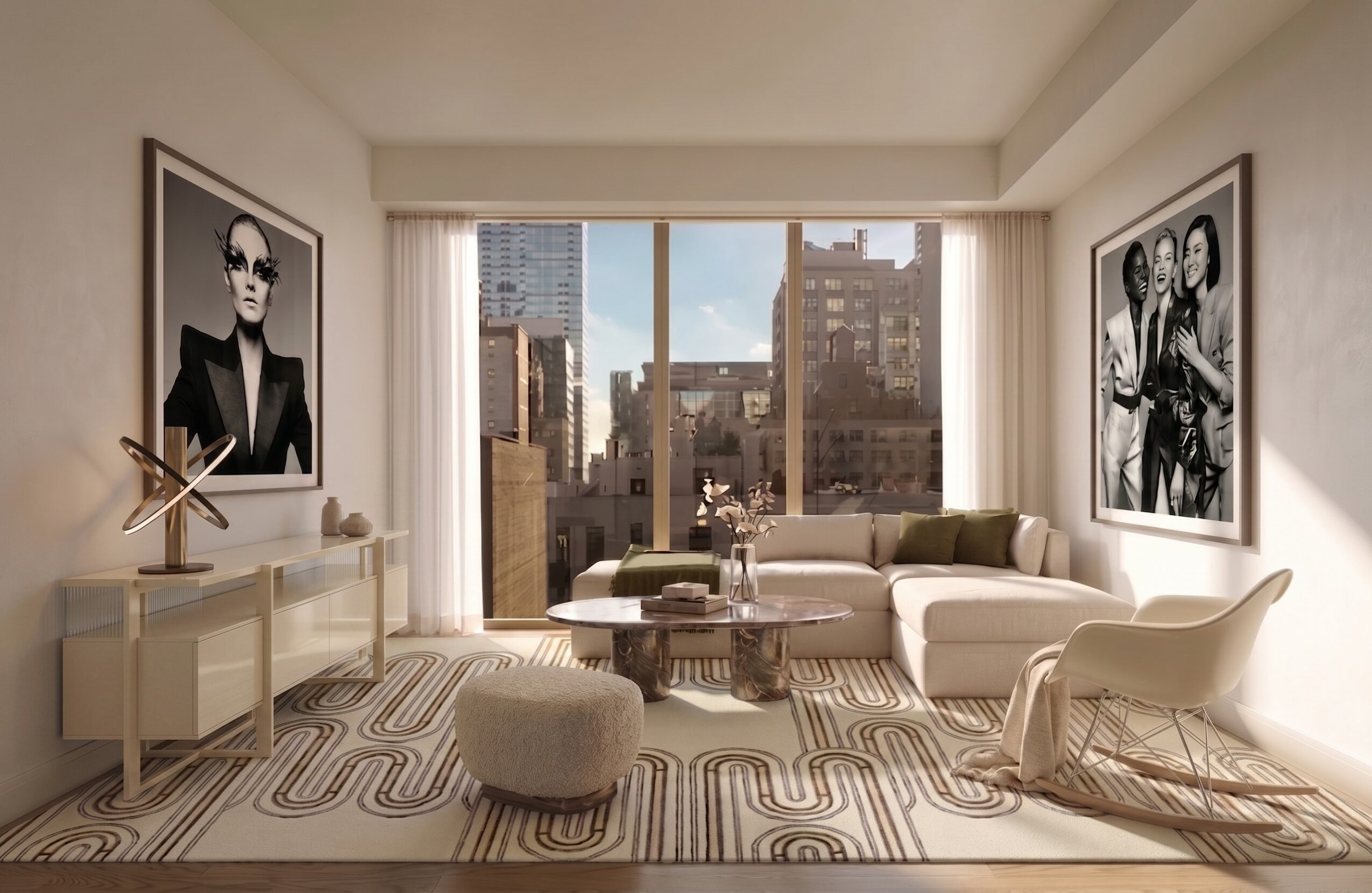 Modern living room with large window, white sofa, artwork, and city view, decorated in neutral tones.
