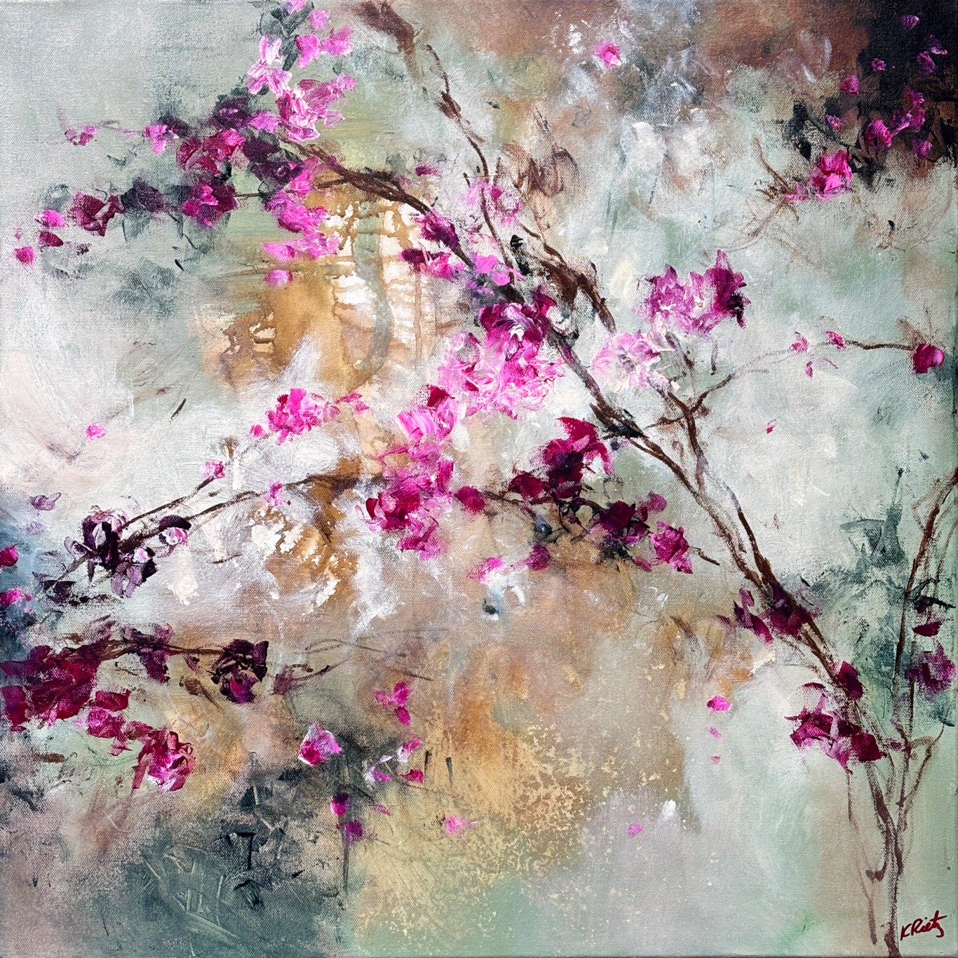Abstract painting of pink and purple flowers on branches with a soft background, impressionistic style.