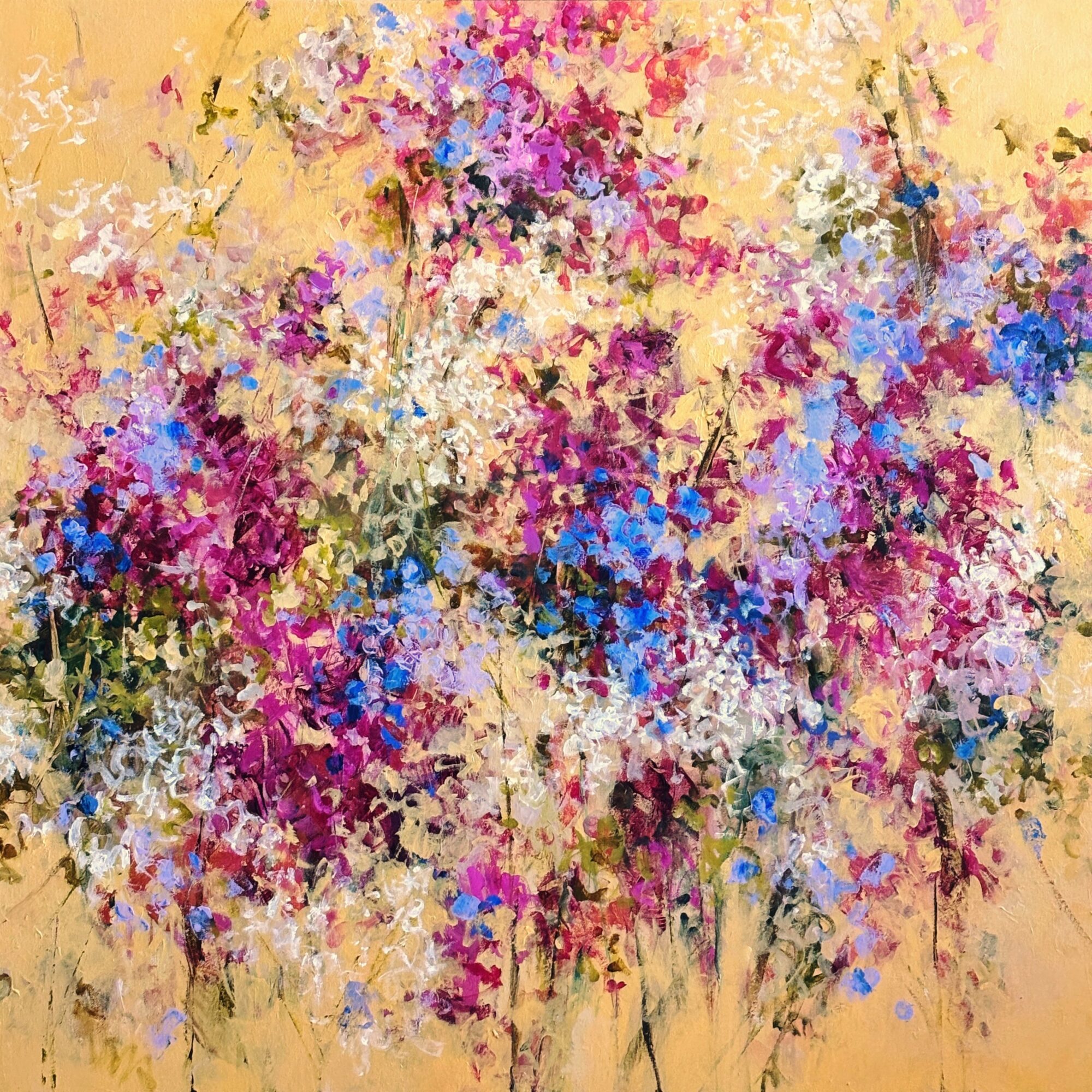 Abstract floral painting with pink, purple, blue, and white flowers on a beige background.