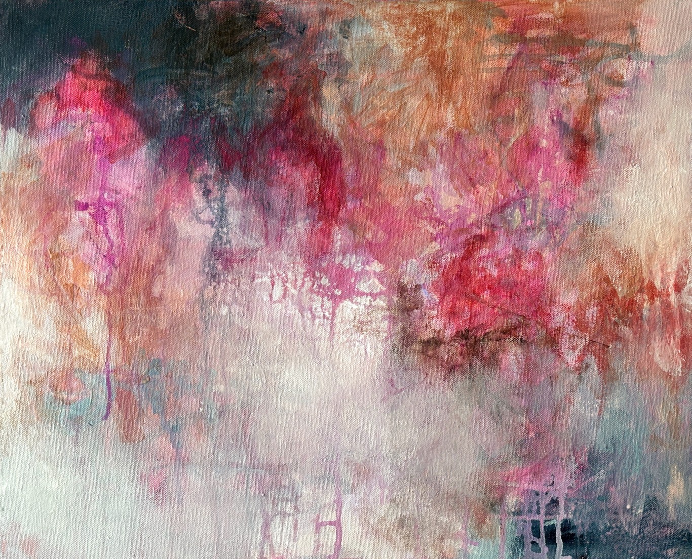 Abstract painting with pink, red, orange, and dark colors blending and dripping, creating a textured appearance.