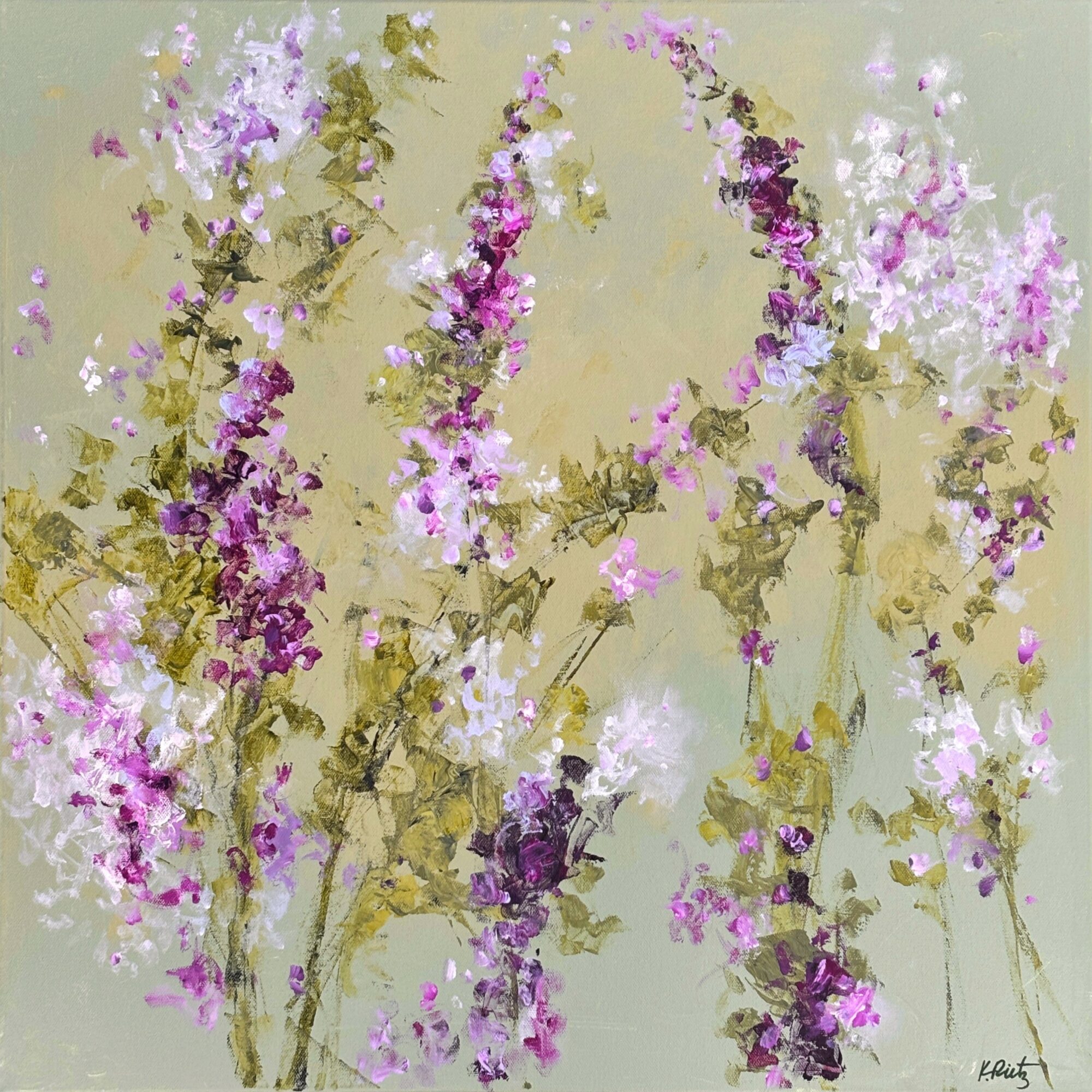 Abstract painting of purple and white flowers with green stems on a light background.