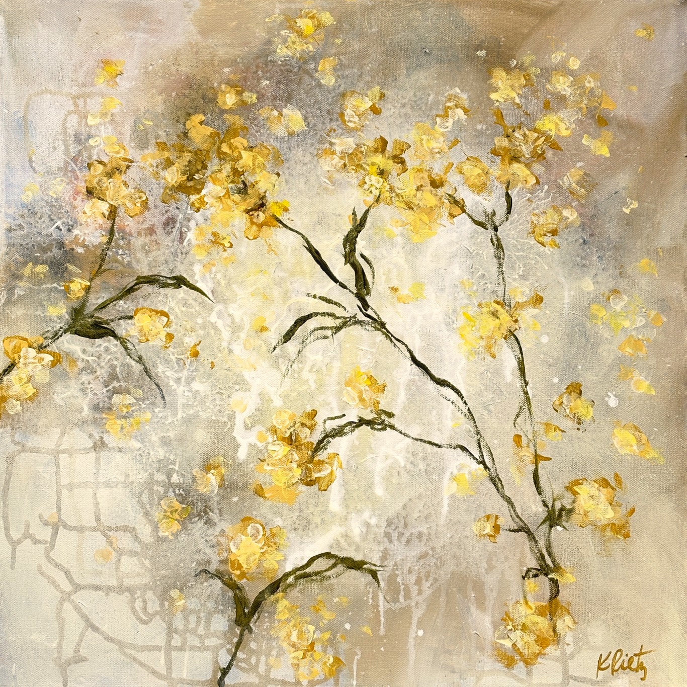 Painting of yellow flowers on dark branches against a textured light background.