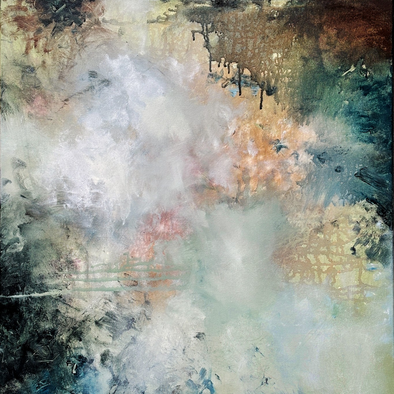 Abstract watercolor painting with soft pastel colors and darker accents, resembling a misty landscape or sky.