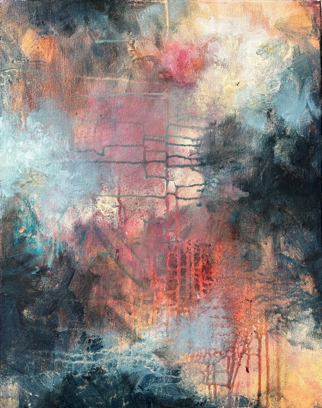 Abstract painting with pink, blue, black, and orange colors, featuring textured and layered brushstrokes.