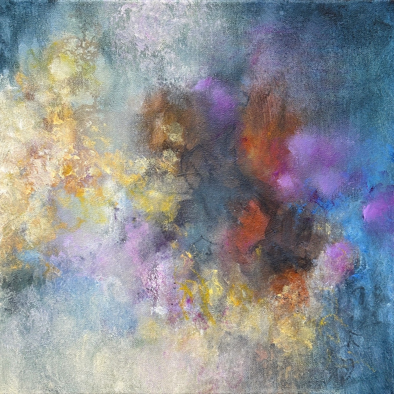 Abstract painting with yellow, purple, orange, and blue colors blending together.