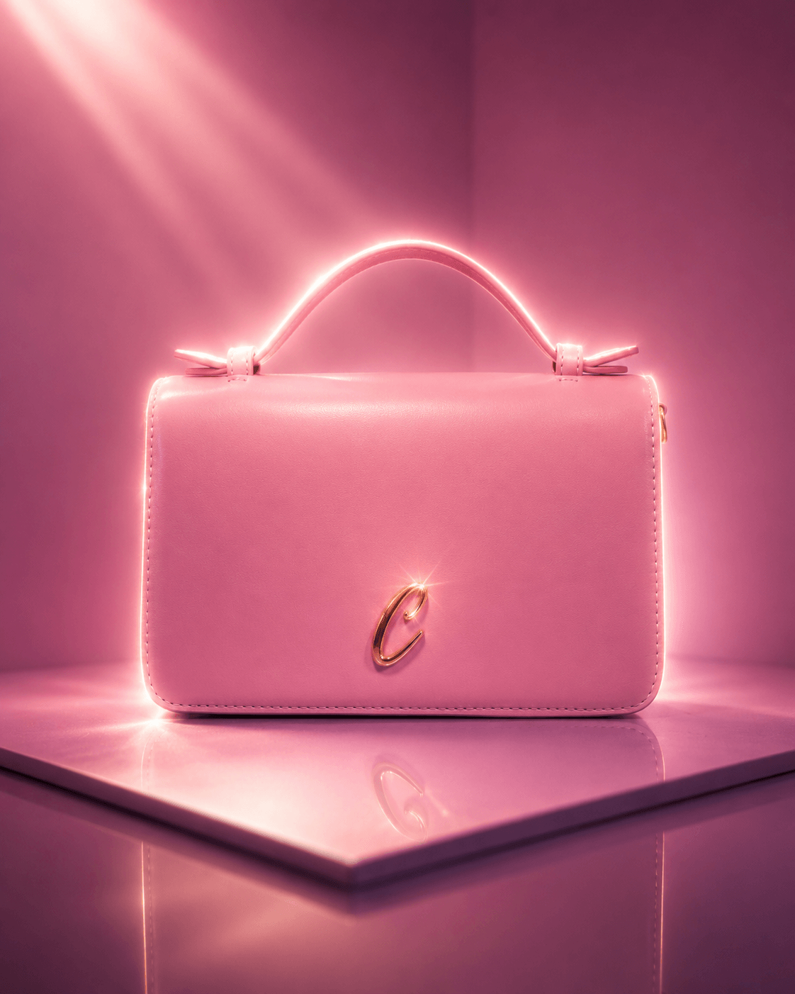 Pink handbag with glowing edges and a gold clasp, illuminated by pink light, on a reflective surface.