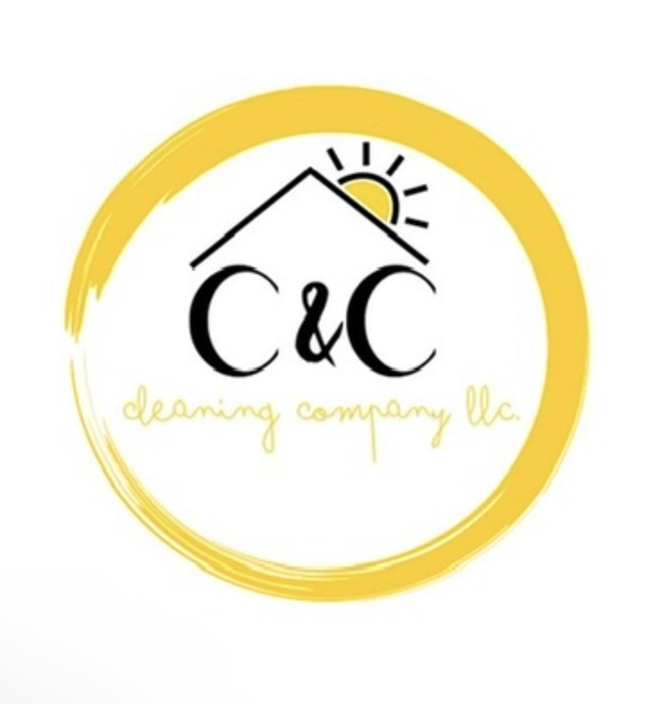 Logo with a yellow circular brushstroke, a house outline, sun, and the text 'C&C cleaning company llc'.