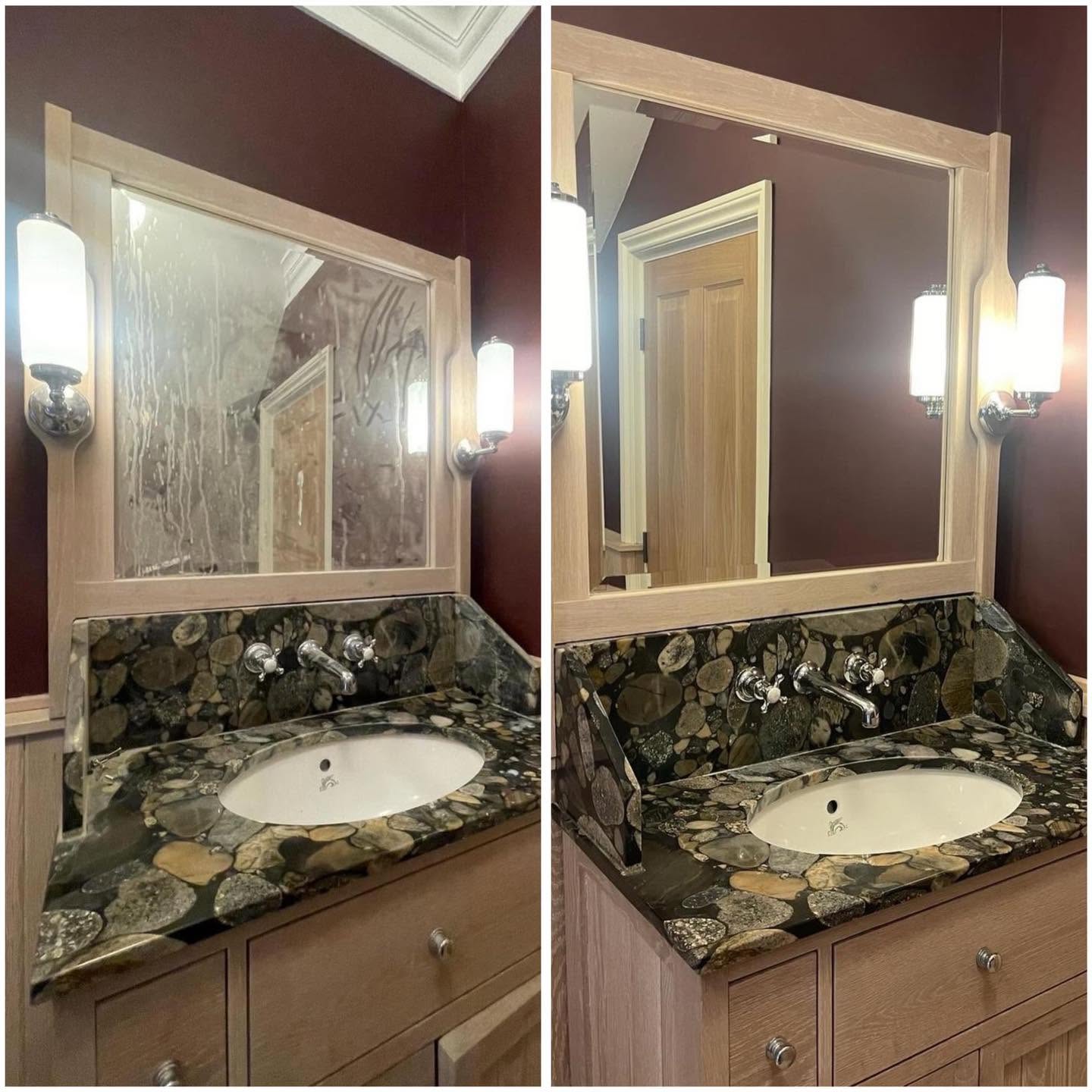Before and after bathroom mirror cleaning, showing a mirror with smudges and a clean, clear mirror. Word count: 20