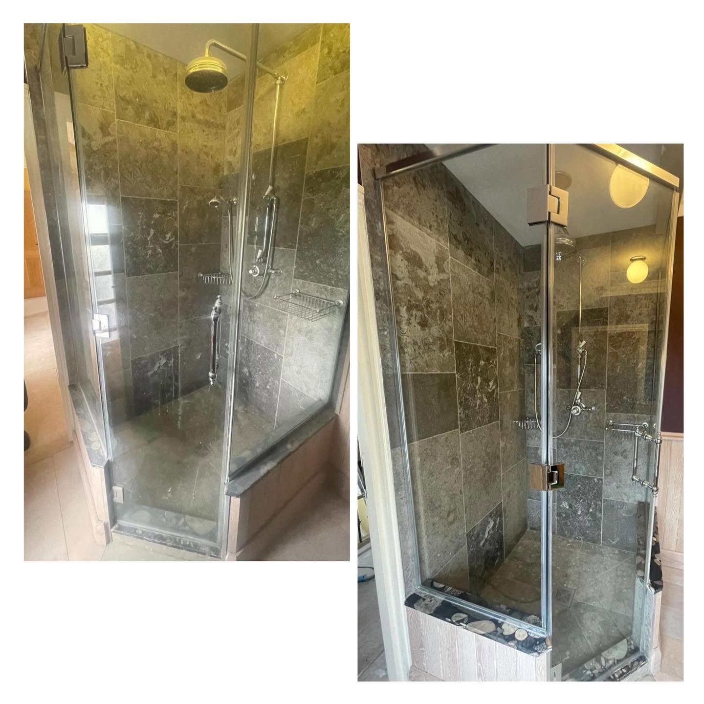 Two glass shower enclosures with tiled walls, one with a showerhead and the other with a sliding door, viewed from different angles.