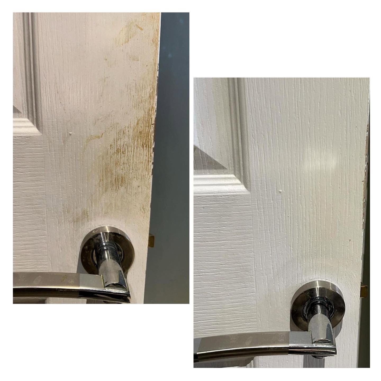 Door with a handle, before and after cleaning, showing dirt removal and surface cleaning, two images side by side.