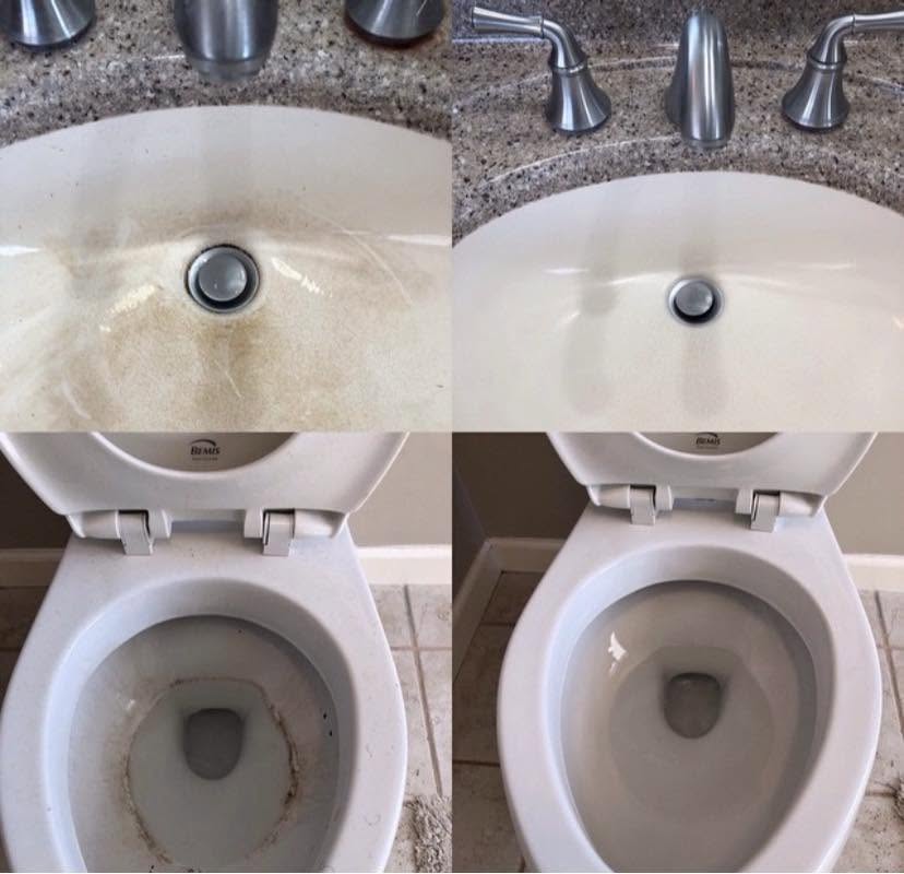Comparison of dirty and clean bathroom sinks and toilets, showing cleaning progress.