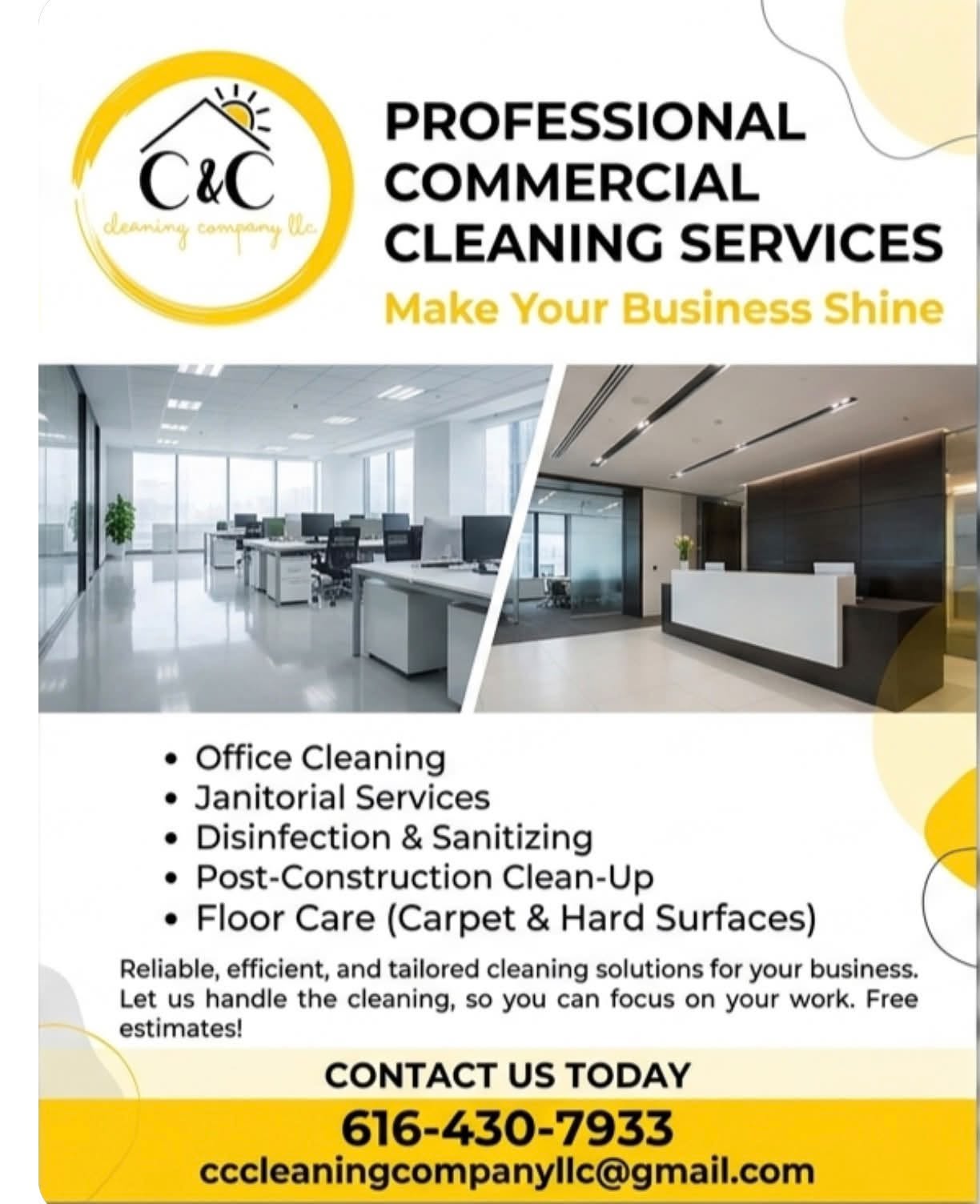 Advertisement for professional cleaning services with images of office interiors, contact info, and slogan.