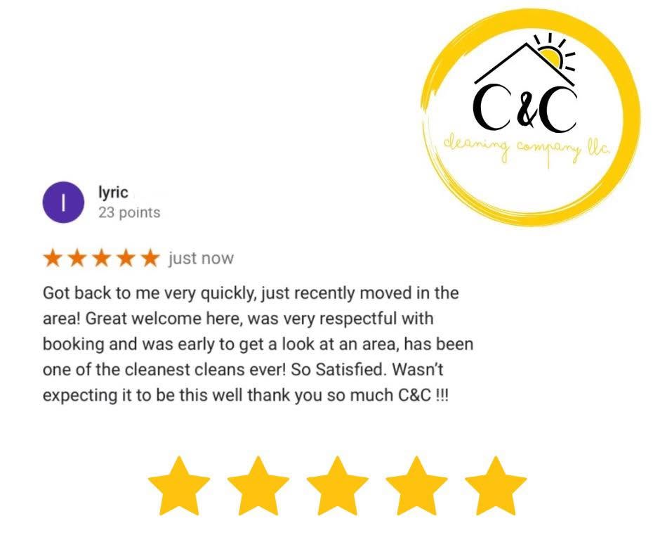 Review with five-star rating, logo with house and sun, and text praising cleaning service.