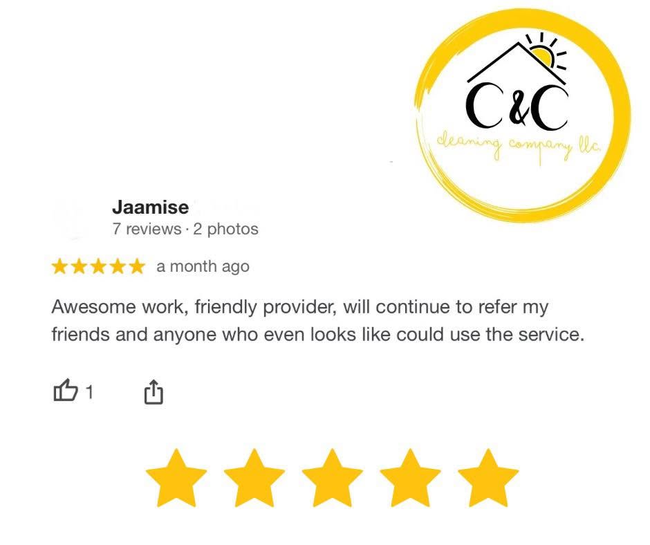 Review with five-star rating, text, and a logo with a house and sun, on a white background.